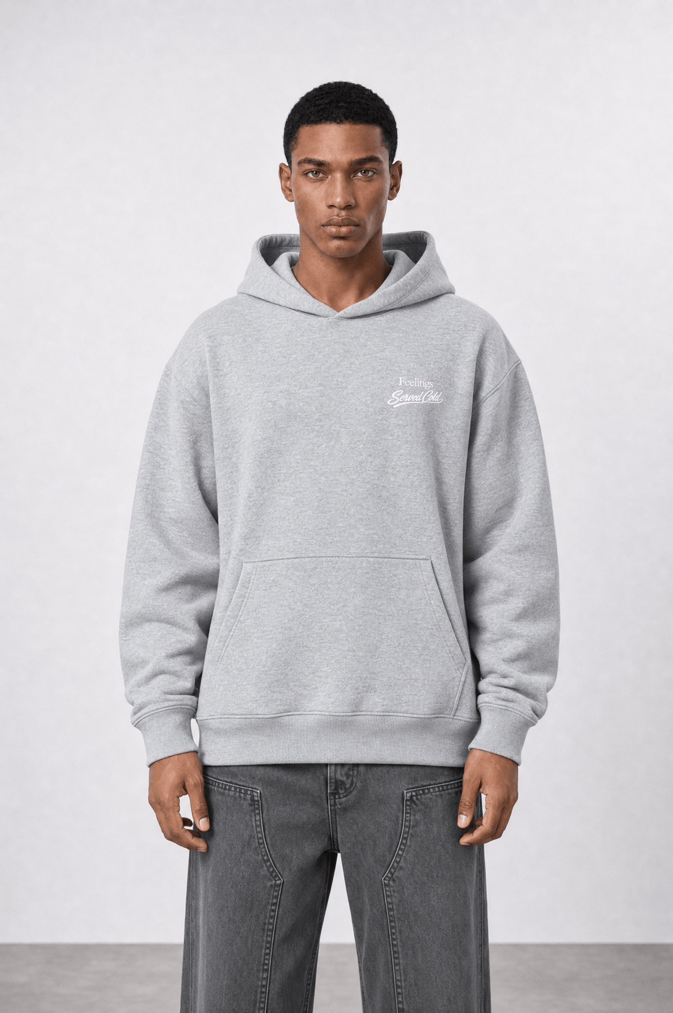 Erkek Served Cold Baskılı Oversize Hoodie Melanj