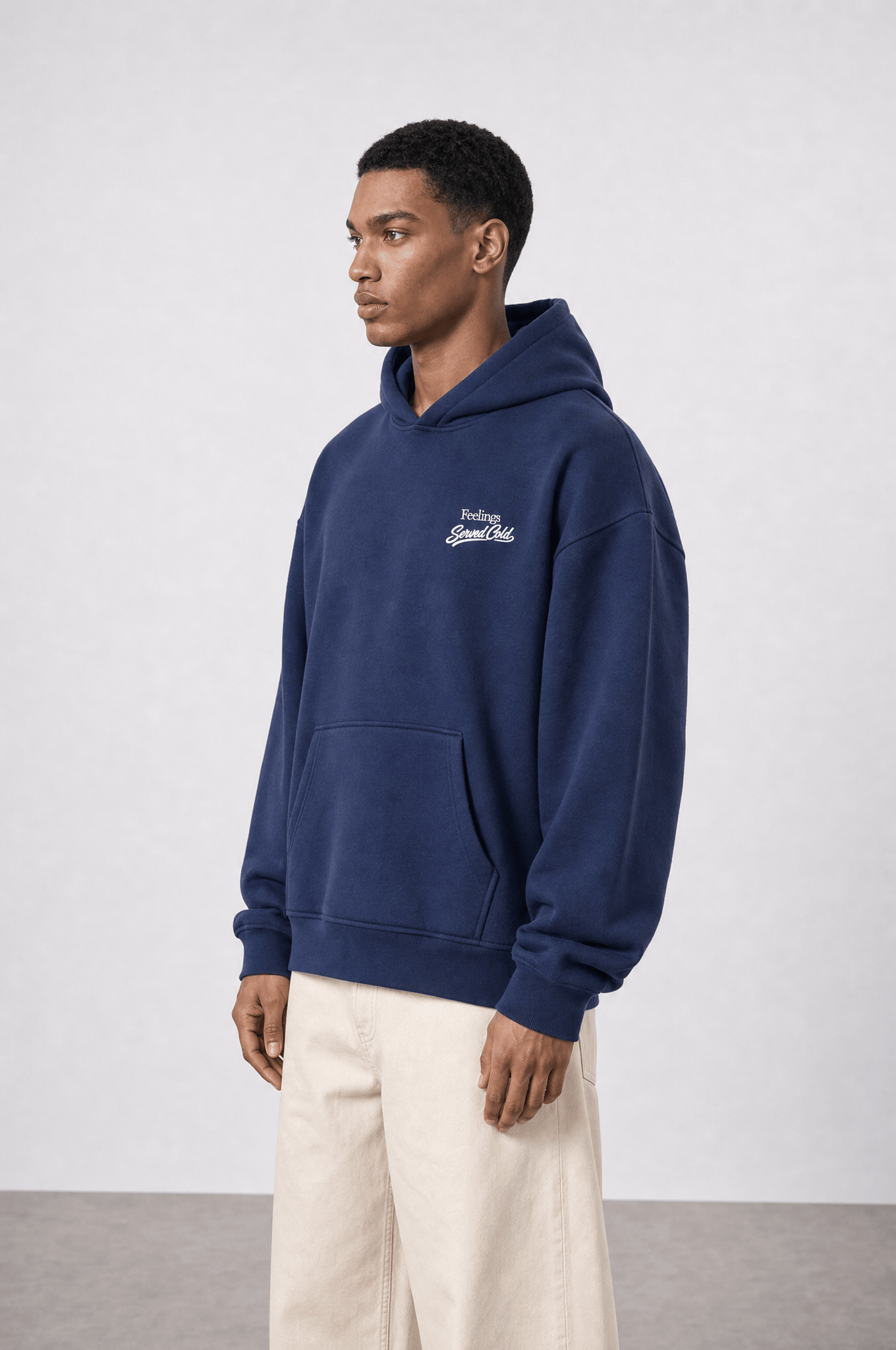 Erkek Served Cold Baskılı Oversize Hoodie Lacivert