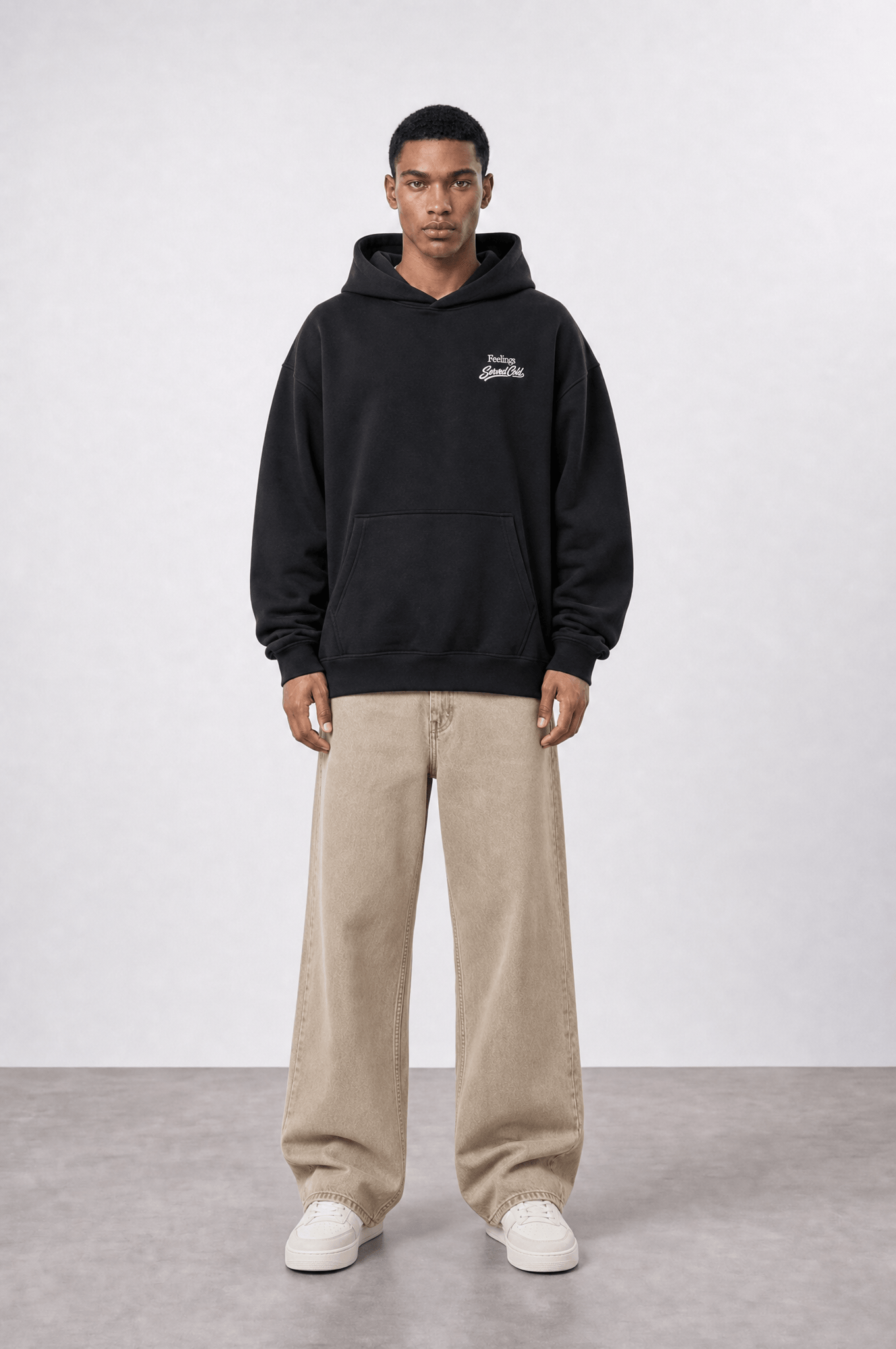 Erkek Served Cold Baskılı Oversize Hoodie Siyah
