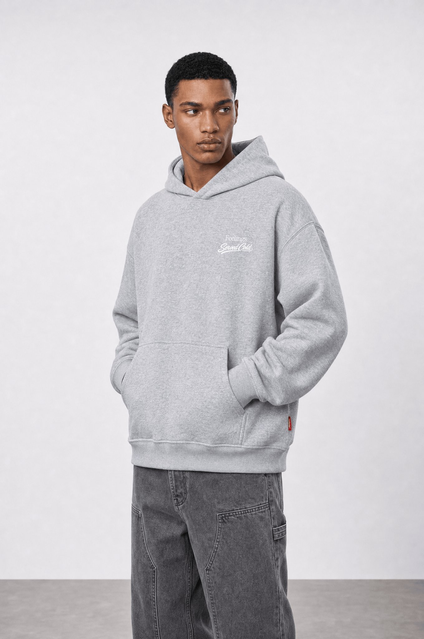 Erkek Served Cold Baskılı Oversize Hoodie Melanj