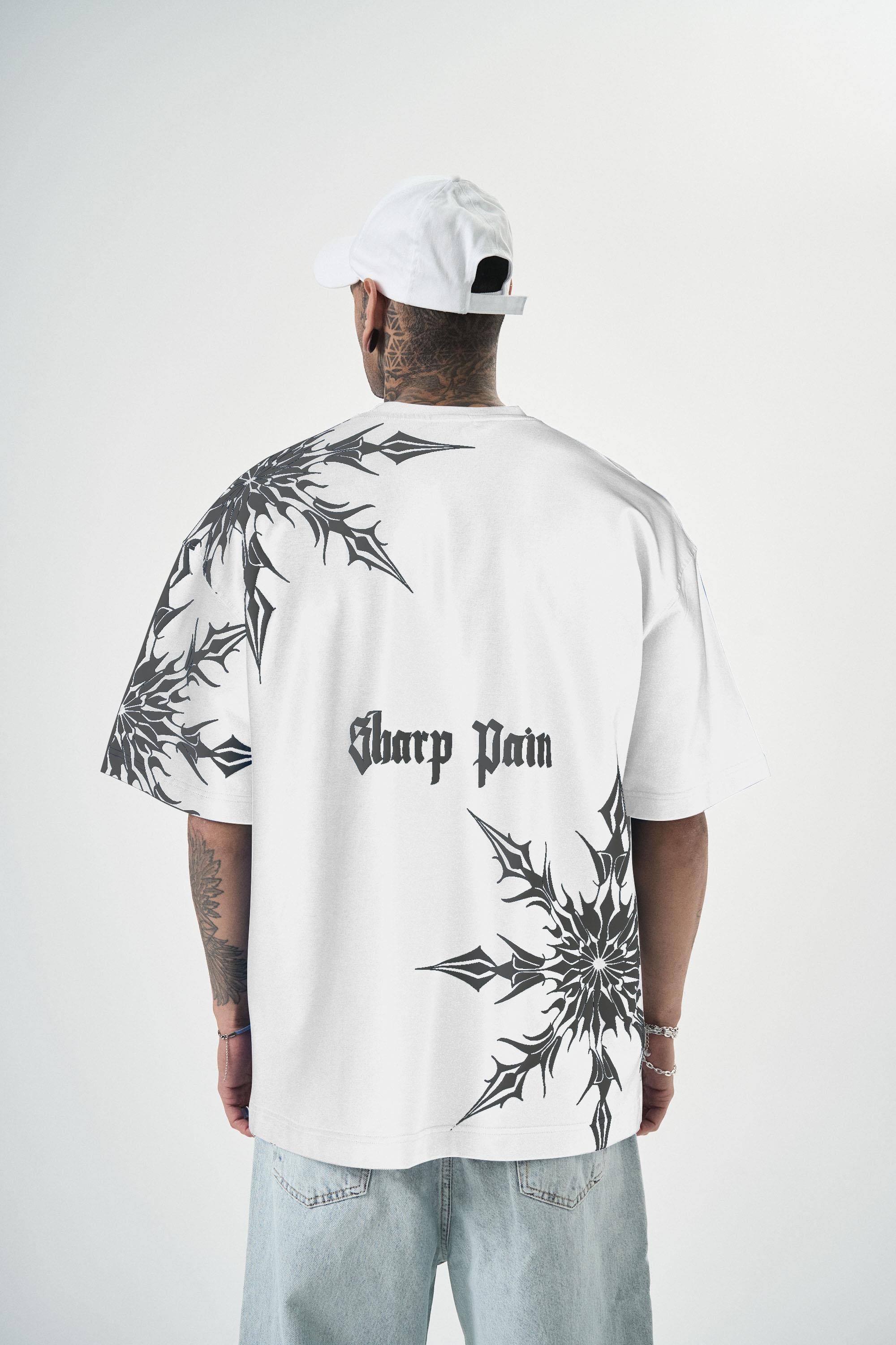 Erkek Sharp Pain Baskılı Oversize T-Shirt Beyaz