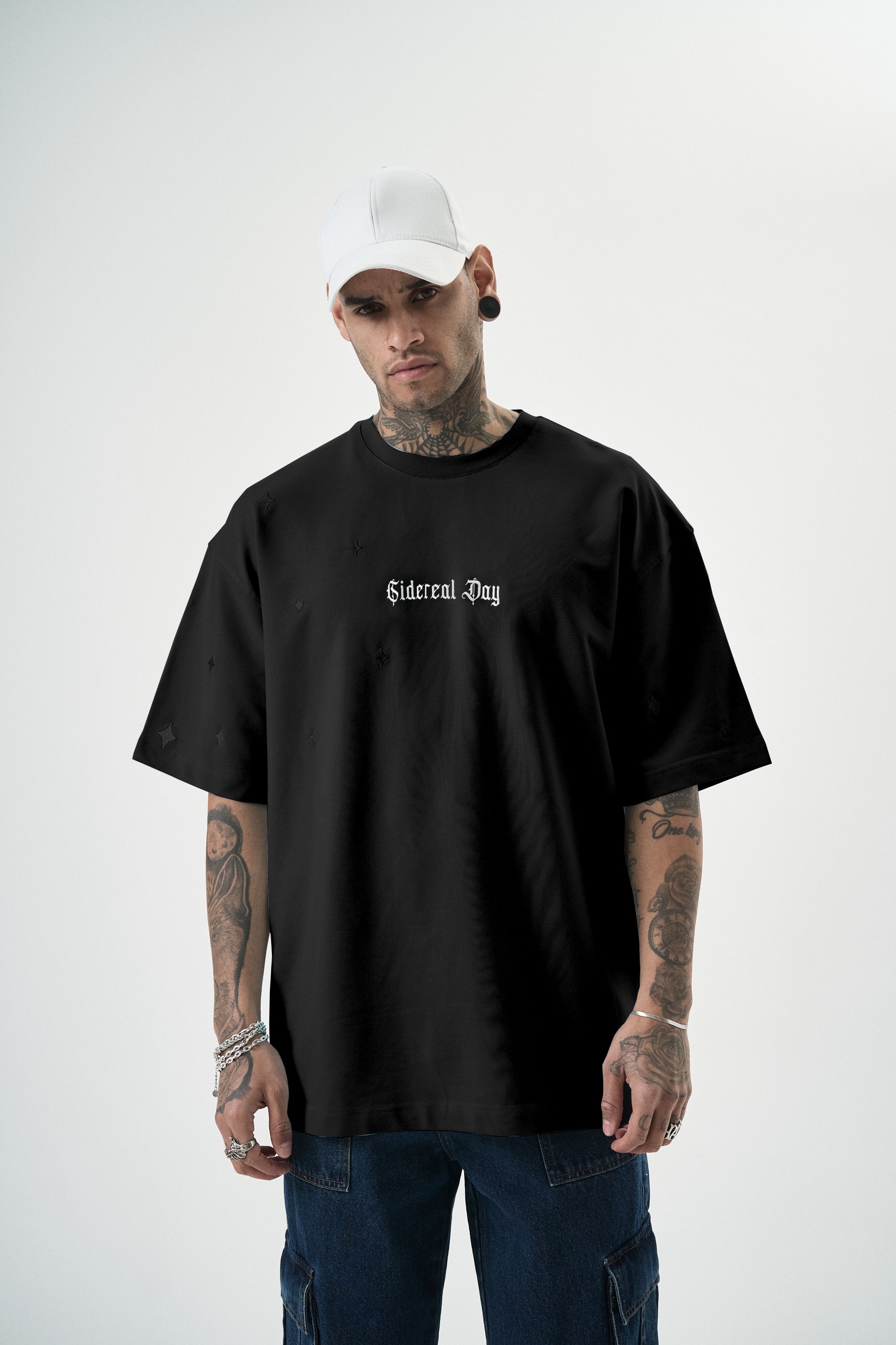 Erkek Sidereal Nakışlı Oversize T-Shirt Siyah