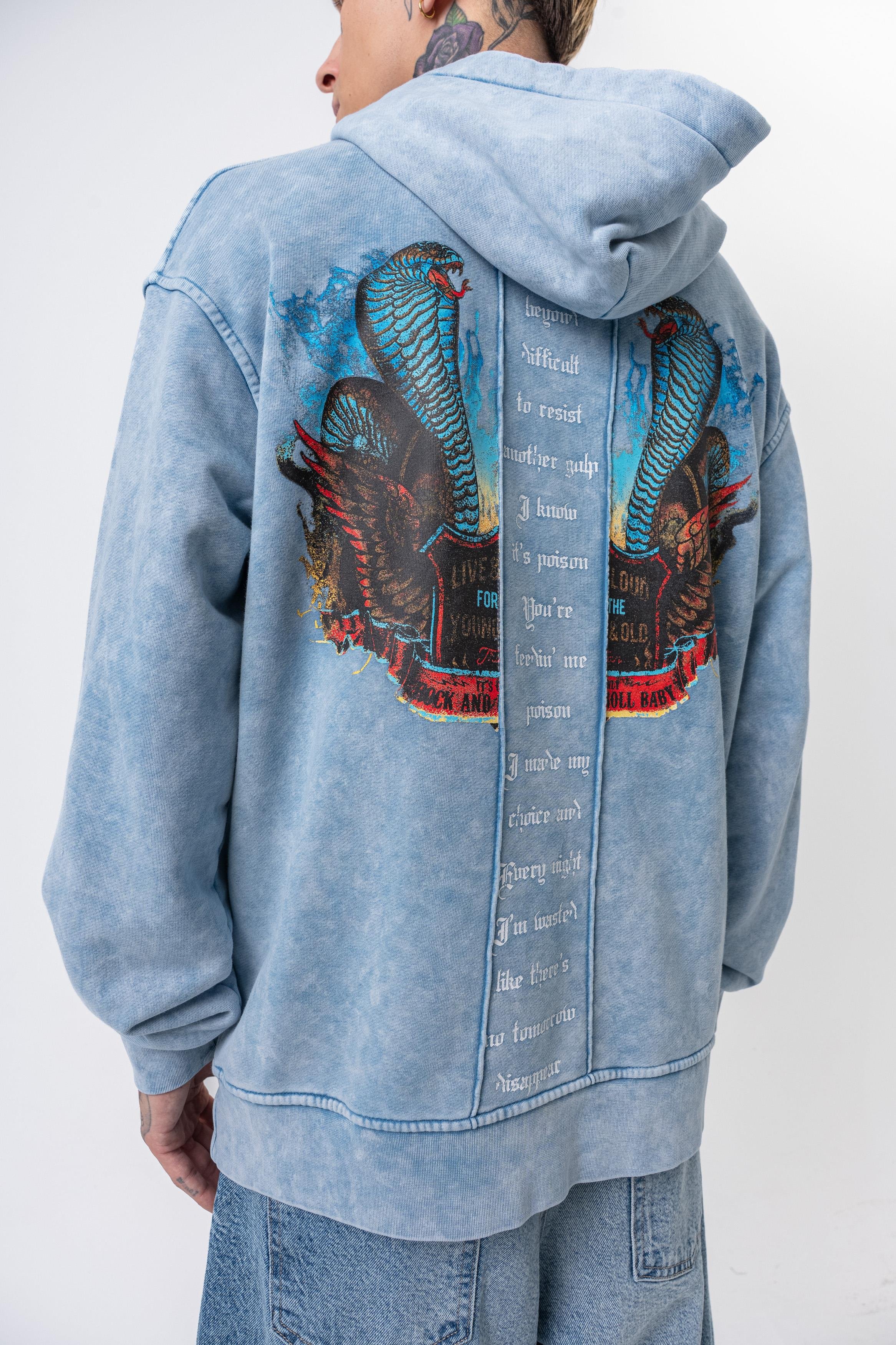 Erkek Snake Baskılı Yıkamalı Kapüşonlu Oversize Hoodie Mavi