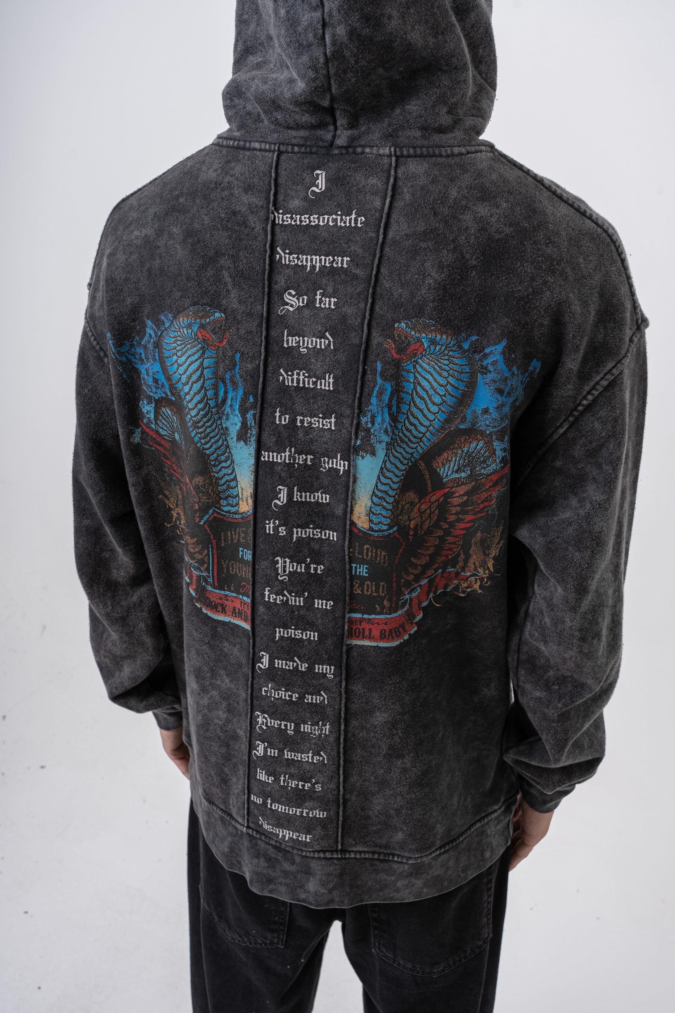 Erkek Snake Baskılı Yıkamalı Kapüşonlu Oversize Hoodie Siyah