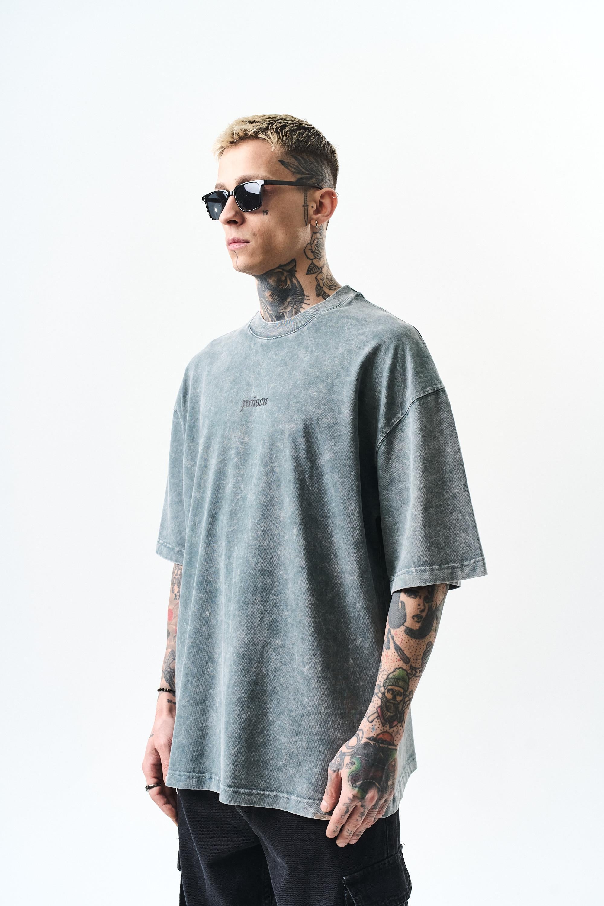 Erkek Snake Baskılı Yıkamalı Oversize T-Shirt Gri