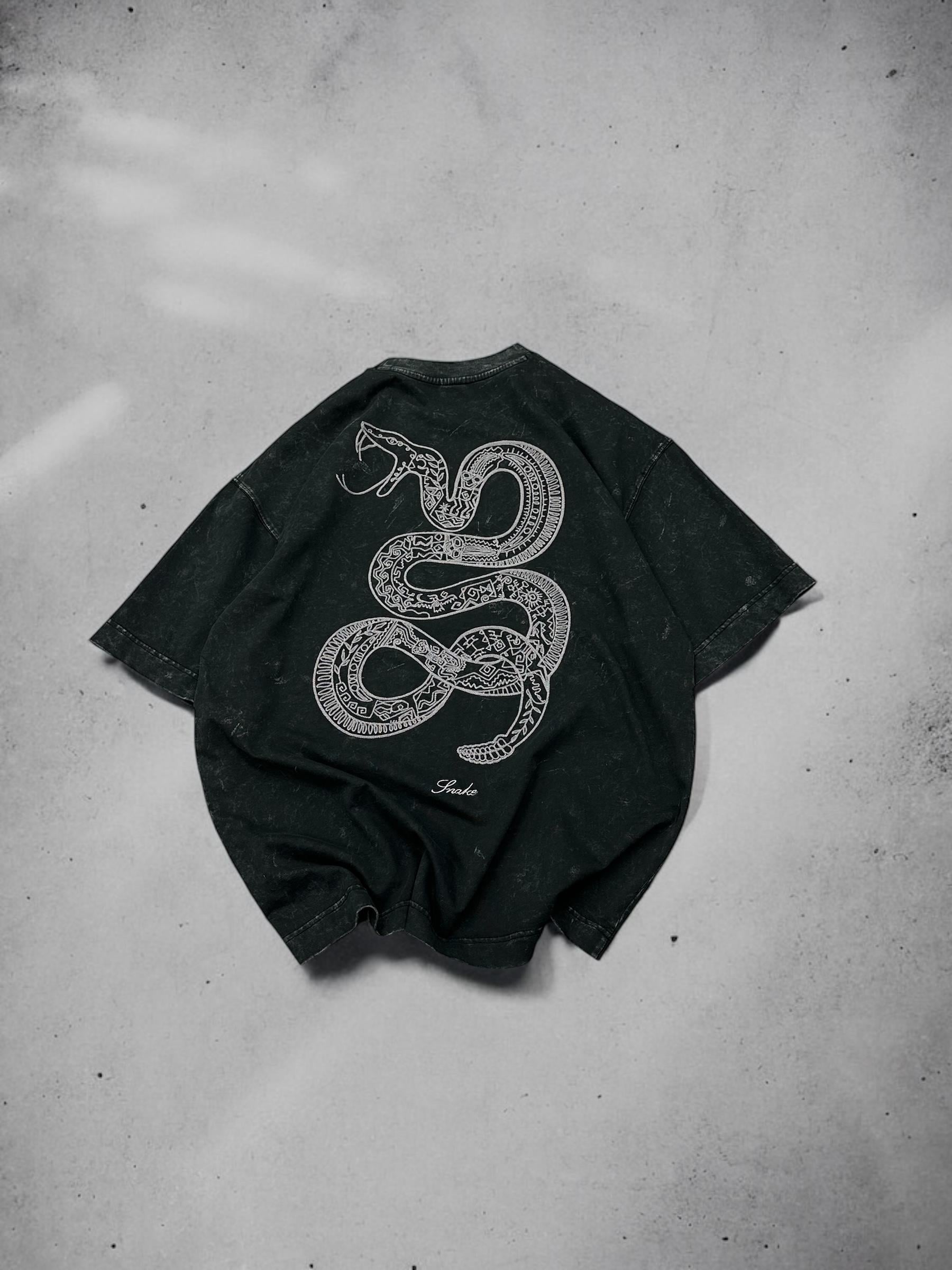 Erkek Snake Nakışlı Yıkamalı Oversize T-Shirt Siyah