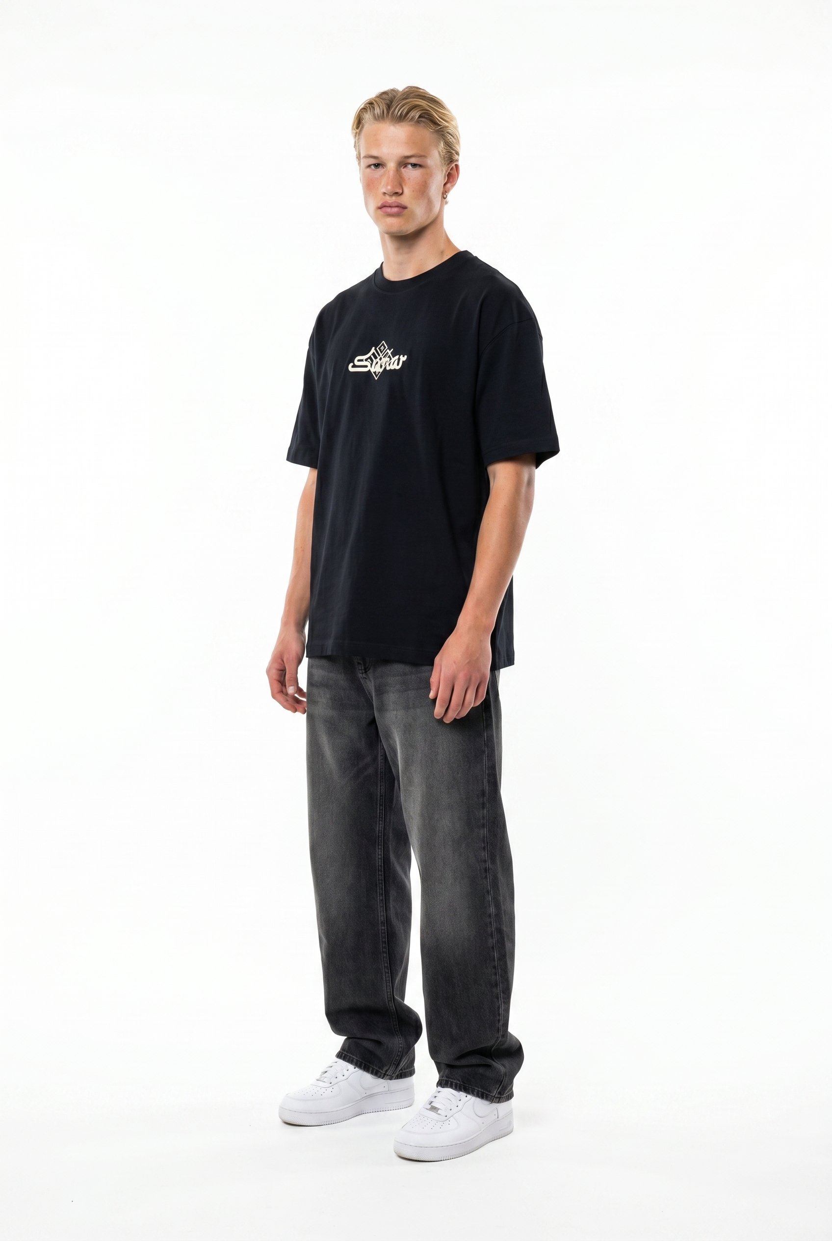 Erkek Sonar Nakış Detaylı Oversize T-Shirt Siyah