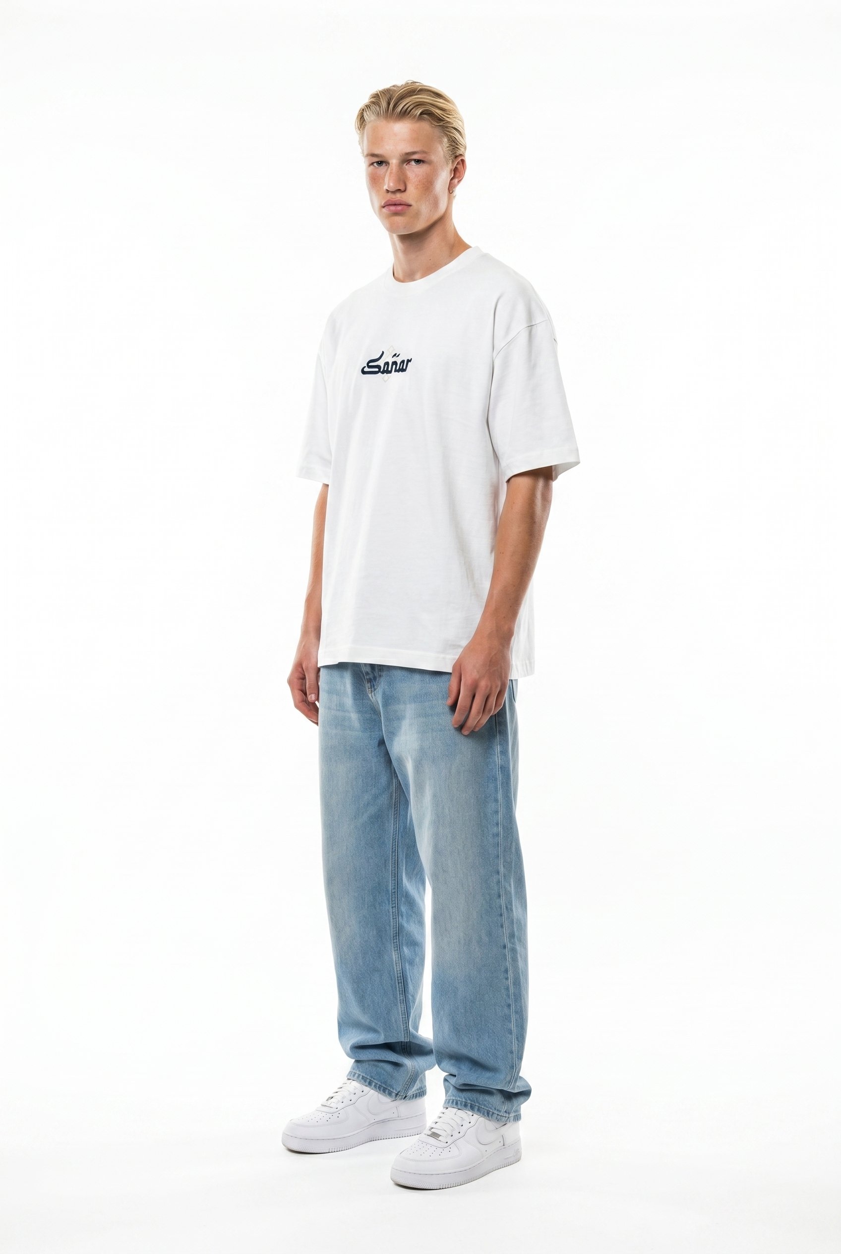 Erkek Sonar Nakış Detaylı Oversize T-Shirt Ekru