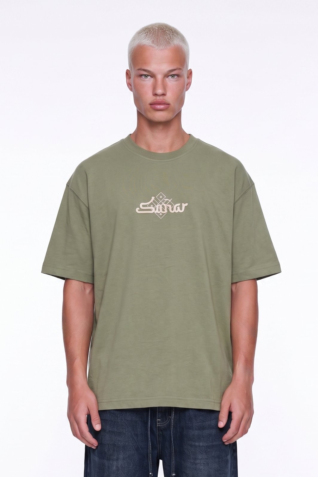 Erkek Sonar Nakış Detaylı Oversize T-Shirt Haki
