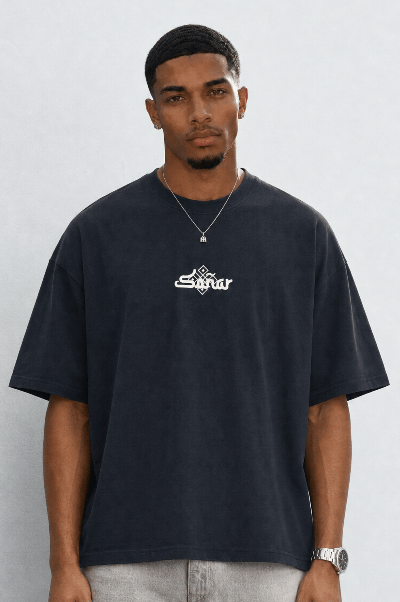Erkek Sonar Nakış Detaylı Oversize T-Shirt Siyah