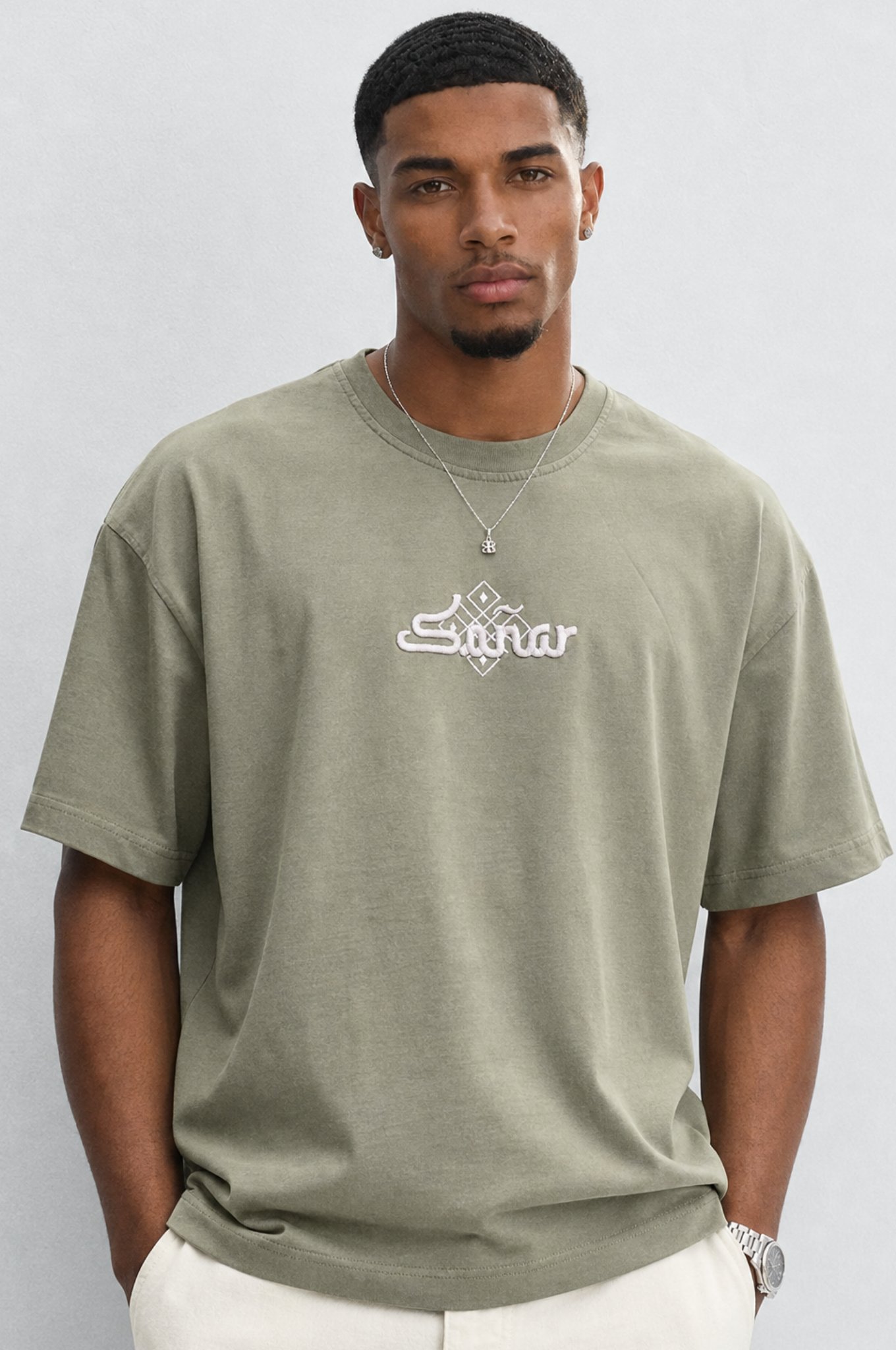 Erkek Sonar Nakış Detaylı Oversize T-Shirt Haki