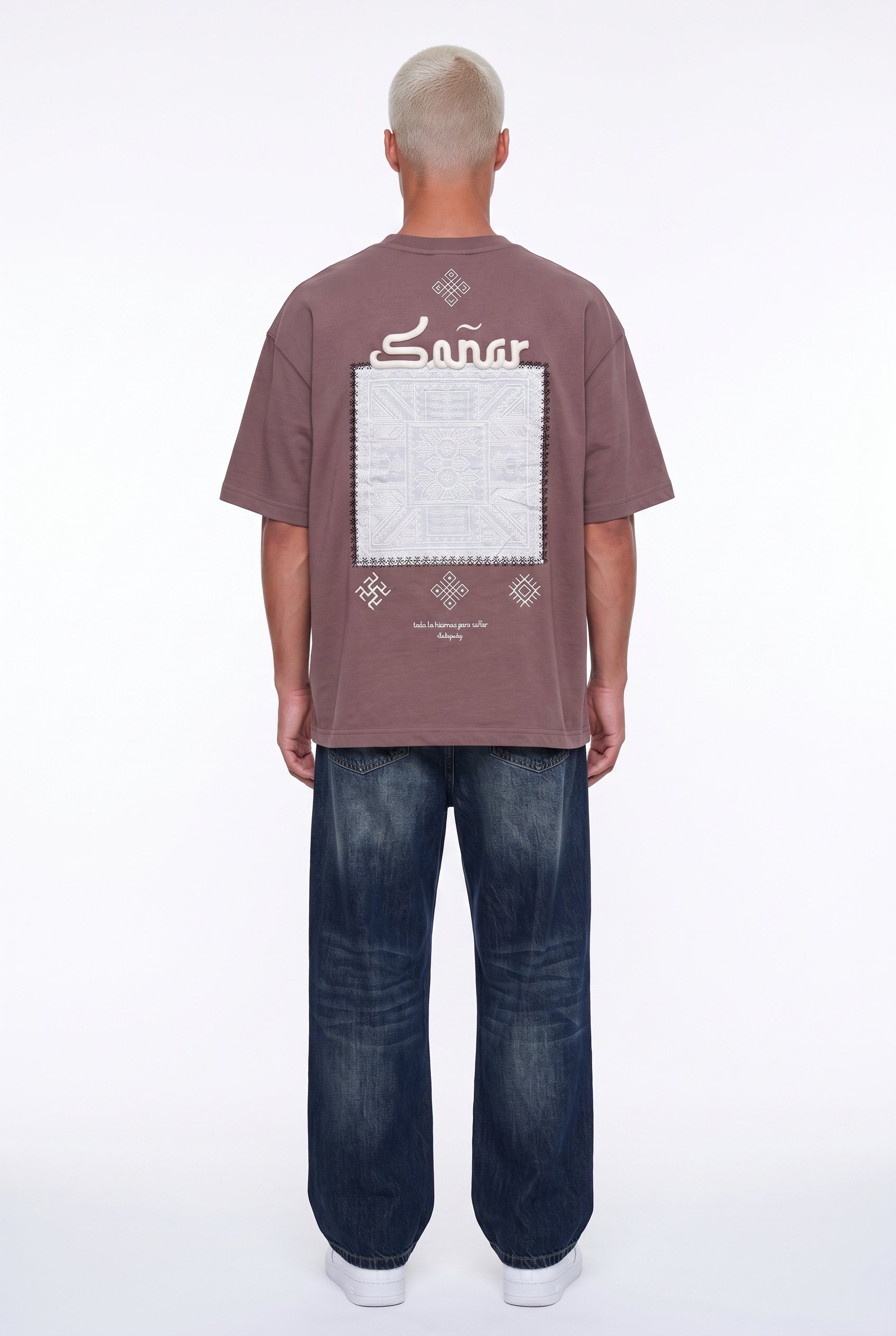 Erkek Sonar Nakış Detaylı Oversize T-Shirt Kahve