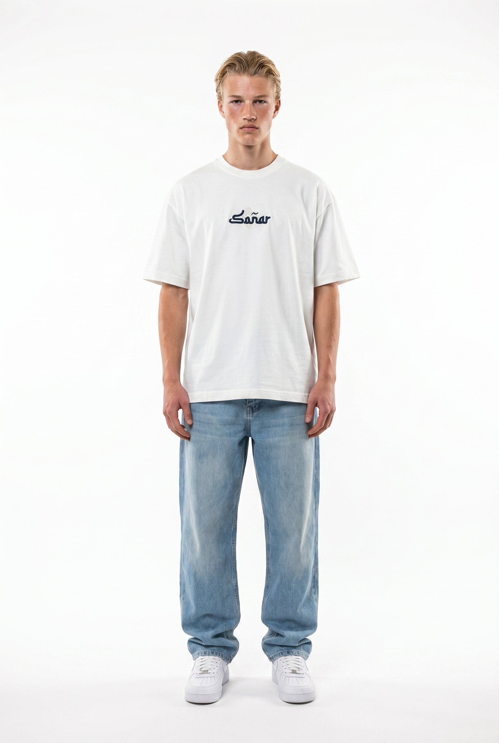 Erkek Sonar Nakış Detaylı Oversize T-Shirt Ekru