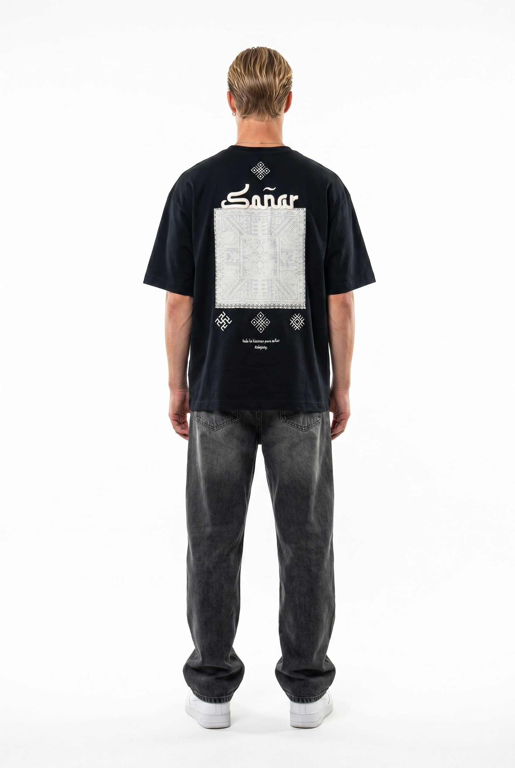 Erkek Sonar Nakış Detaylı Oversize T-Shirt Siyah
