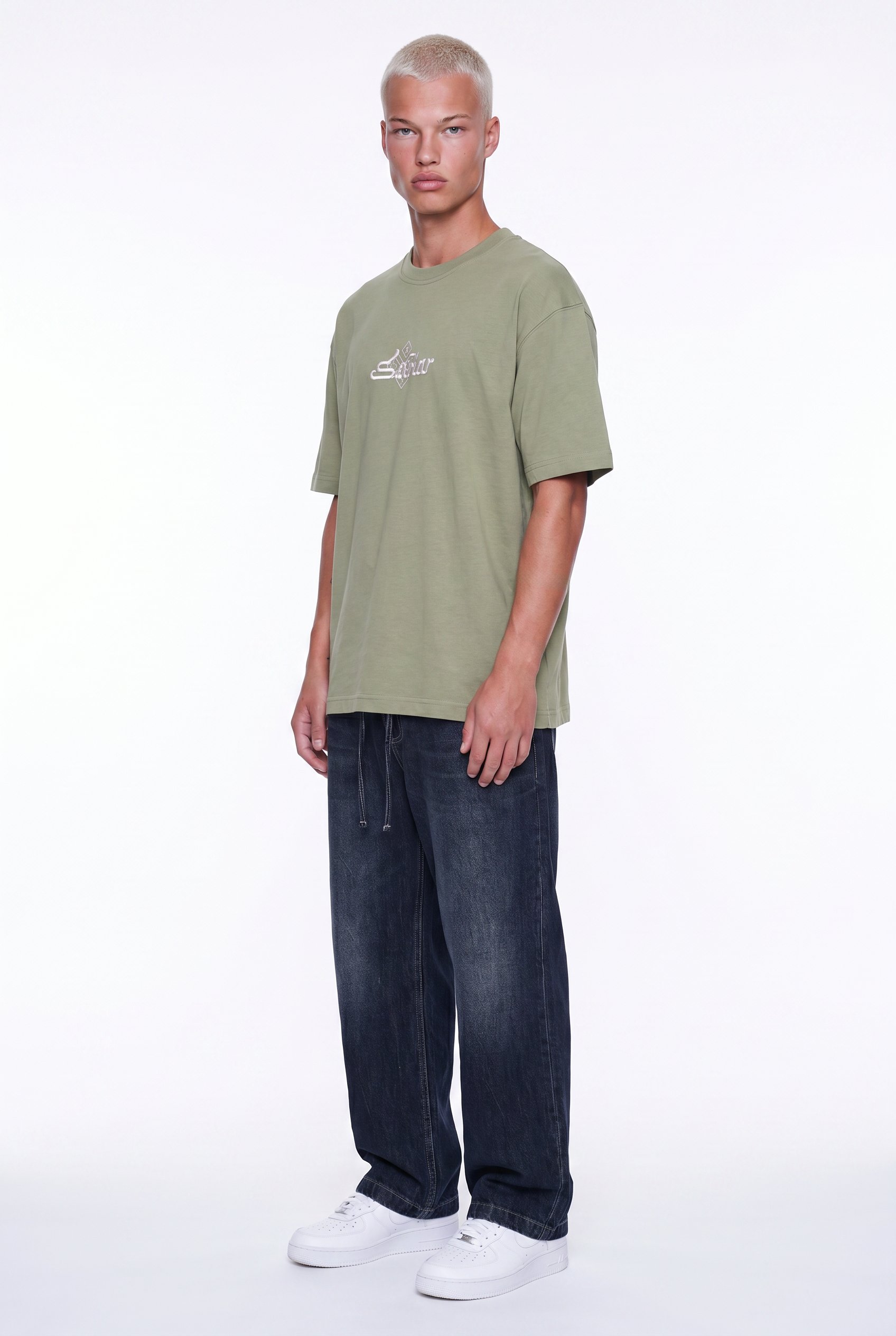 Erkek Sonar Nakış Detaylı Oversize T-Shirt Haki