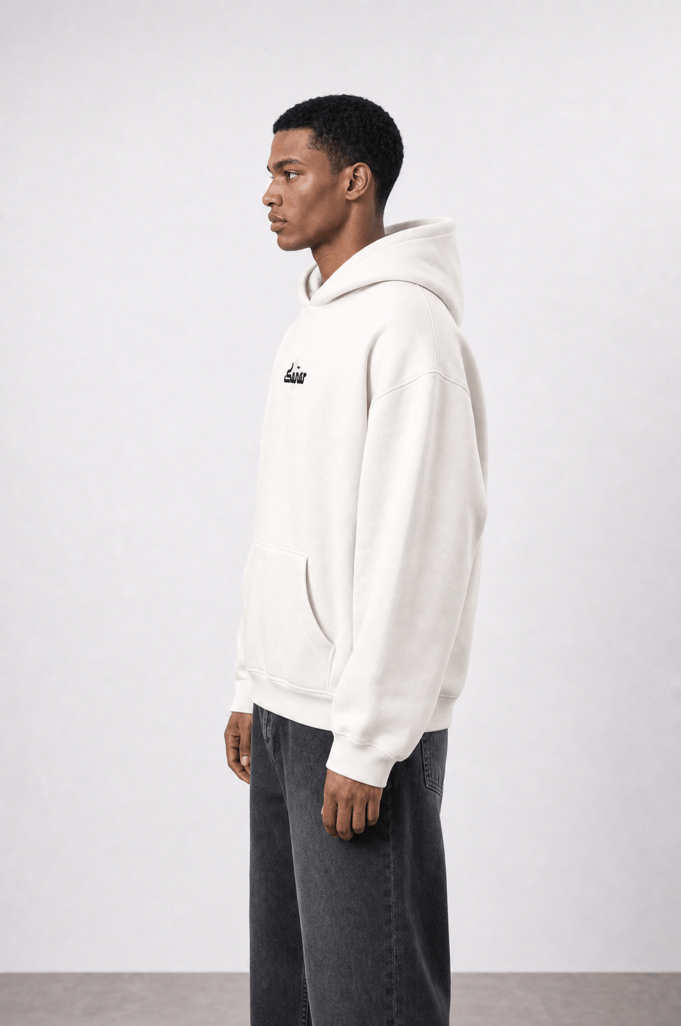 Erkek Sonar Nakışlı Oversize Hoodie Ekru