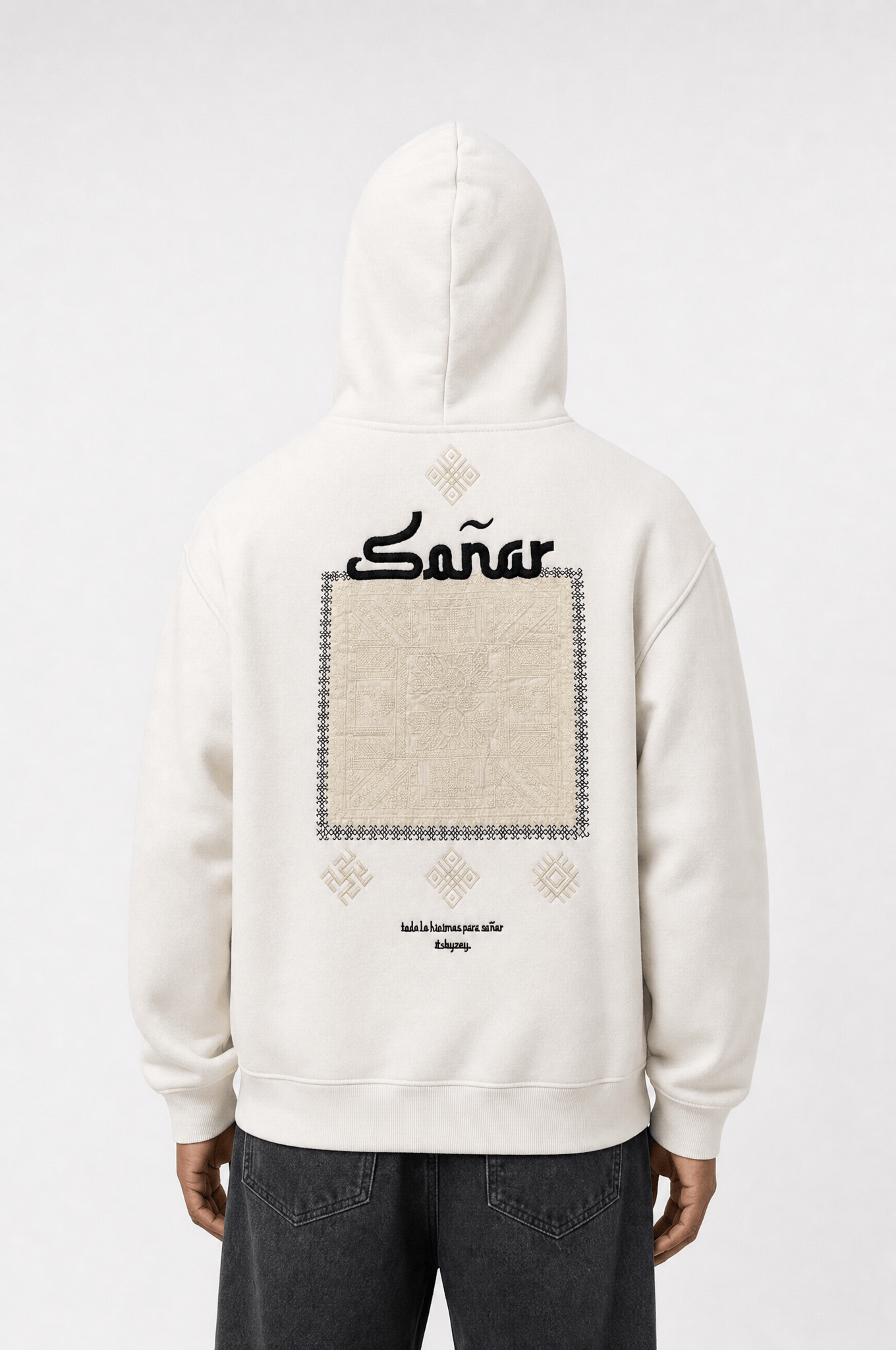 Erkek Sonar Nakışlı Oversize Hoodie Ekru