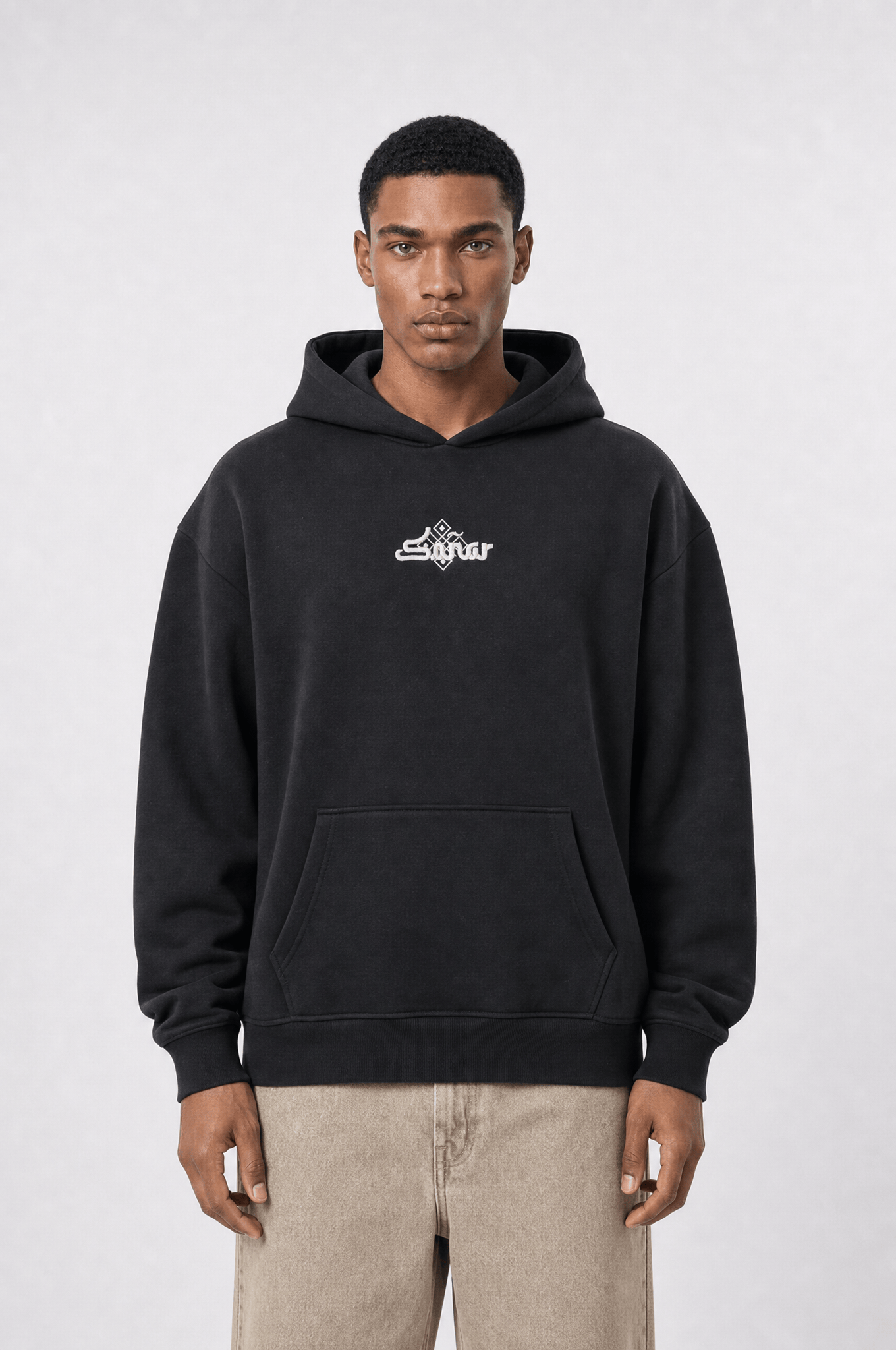 Erkek Sonar Nakışlı Oversize Hoodie Siyah