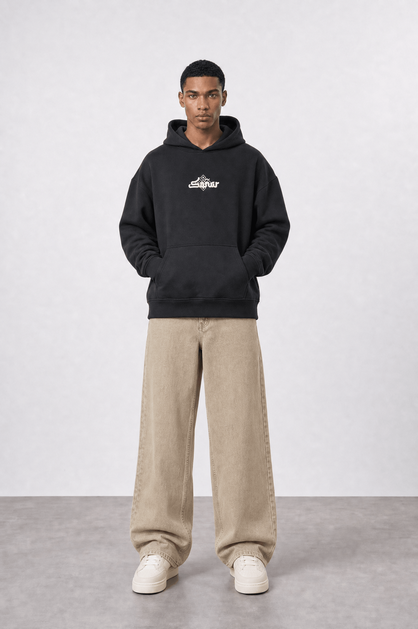 Erkek Sonar Nakışlı Oversize Hoodie Siyah