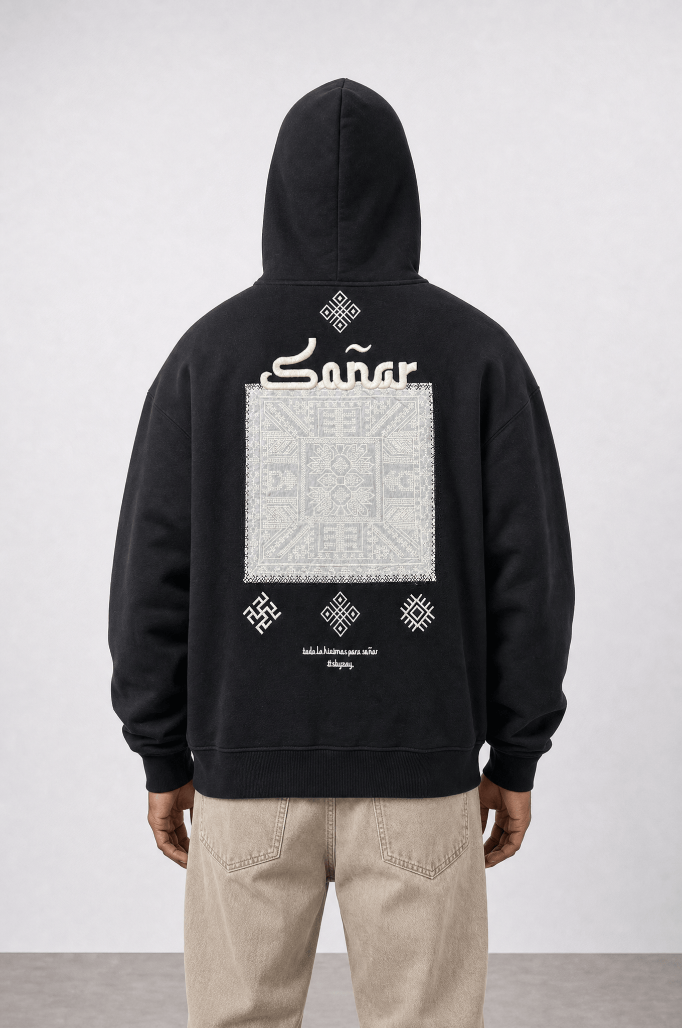 Erkek Sonar Nakışlı Oversize Hoodie Siyah