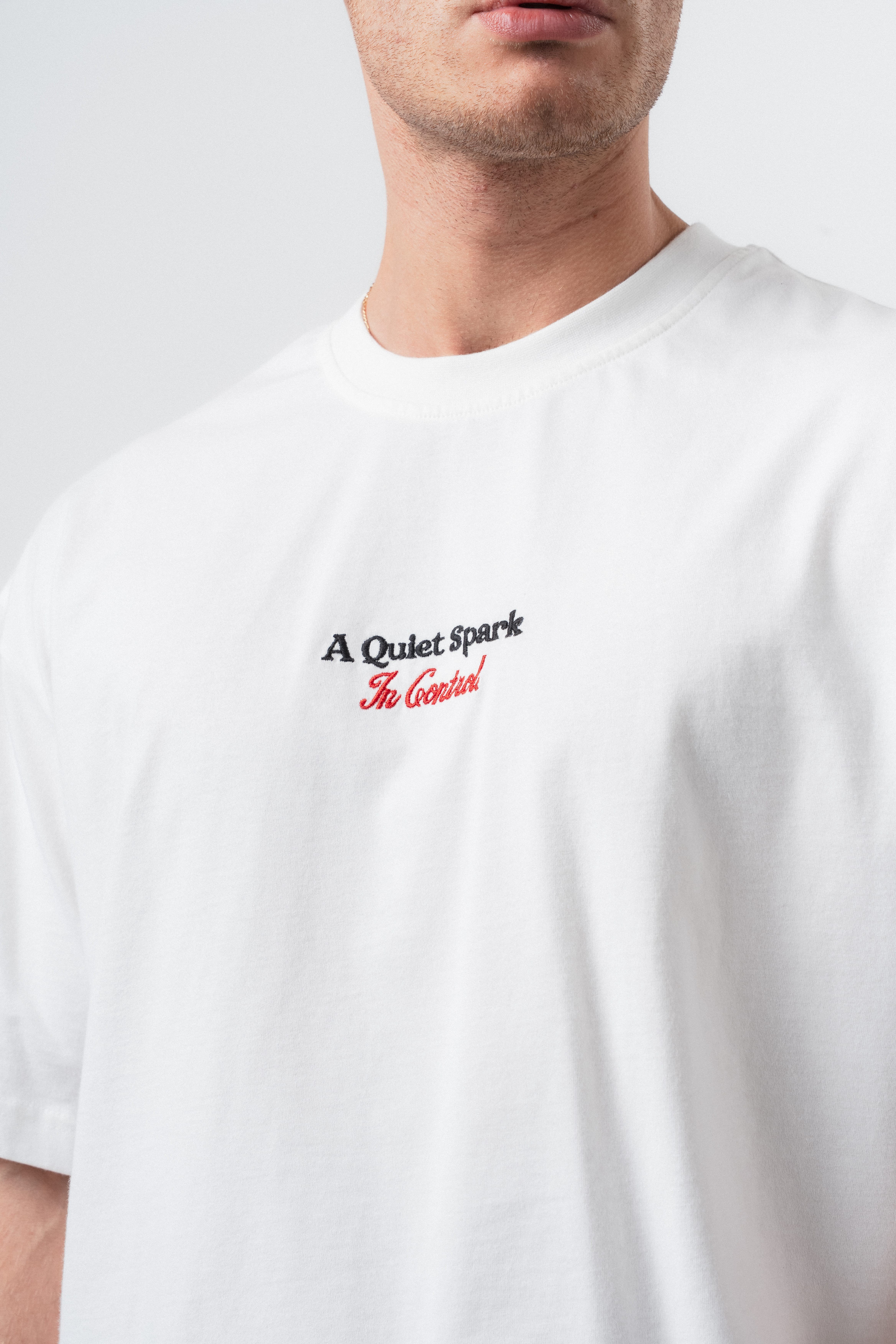 Erkek Spark Nakışlı Oversize T-Shirt Ekru