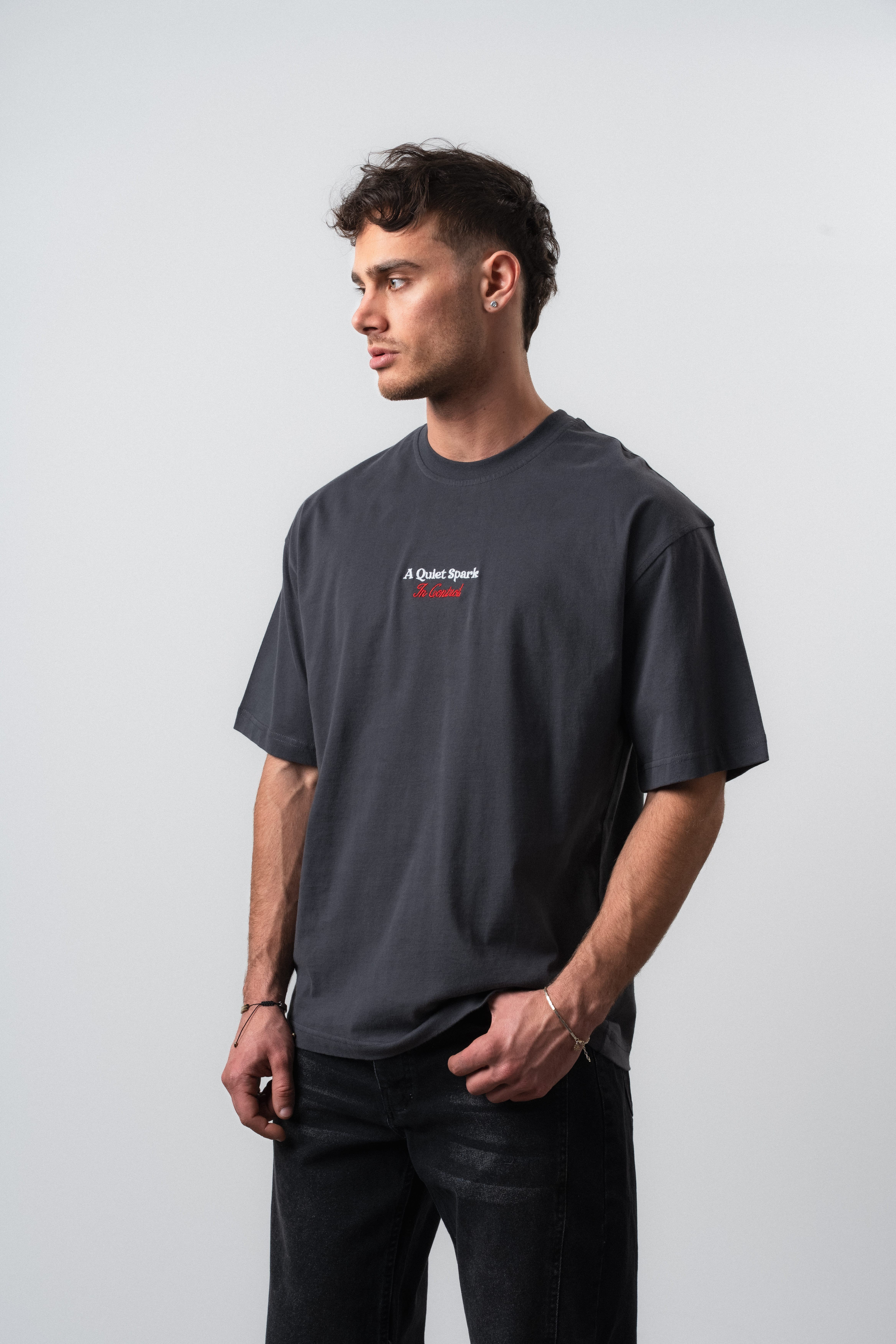 Erkek Spark Nakışlı Oversize T-Shirt Füme