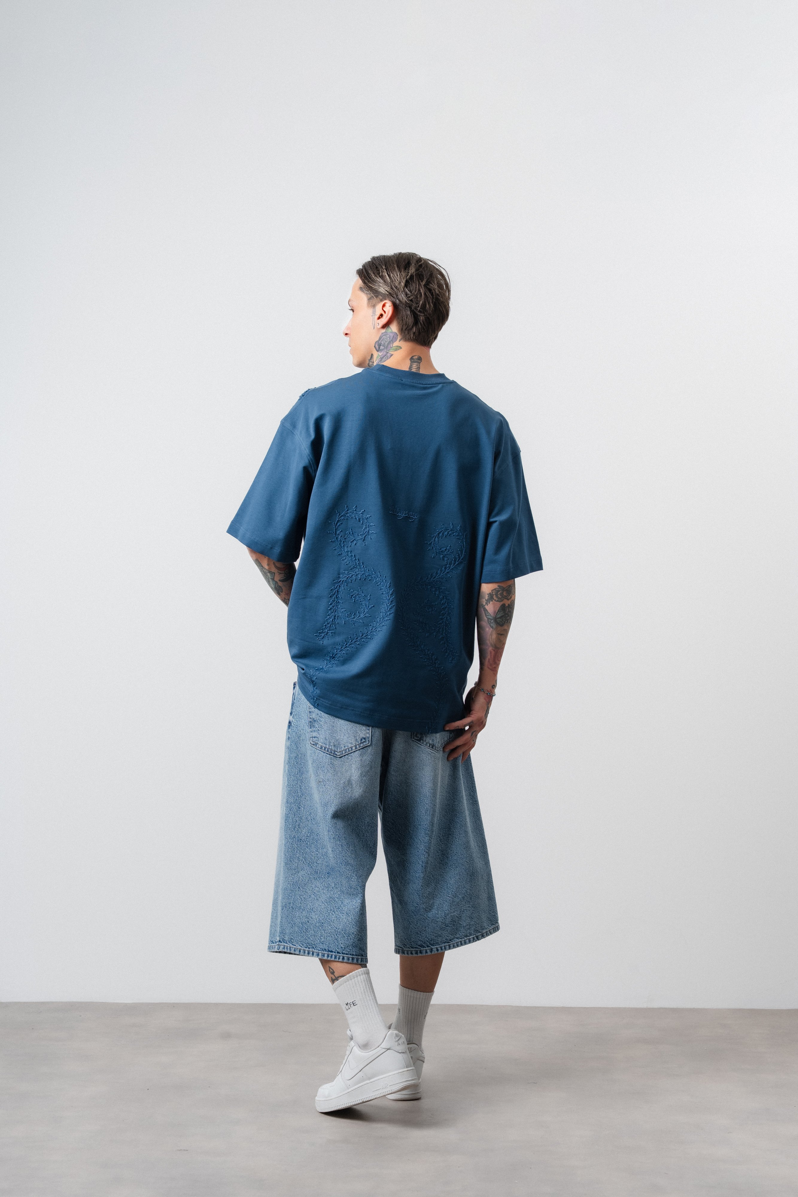 Erkek Spiral Nakış Detaylı Oversize T-Shirt Lacivert