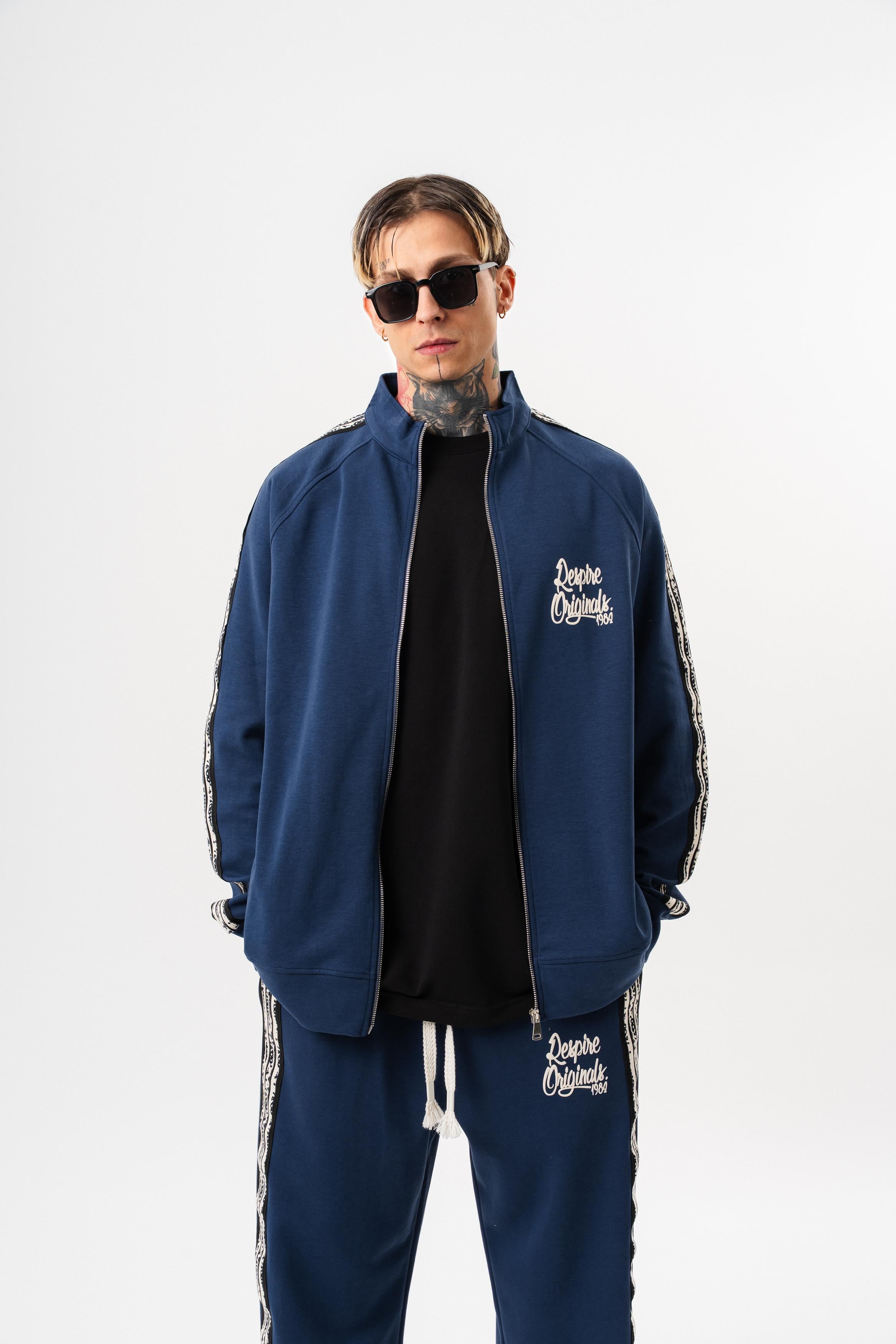 Erkek Splash Şerit Detaylı Dik Yaka Doubleface Zip Oversize Sweatshirt Lacivert