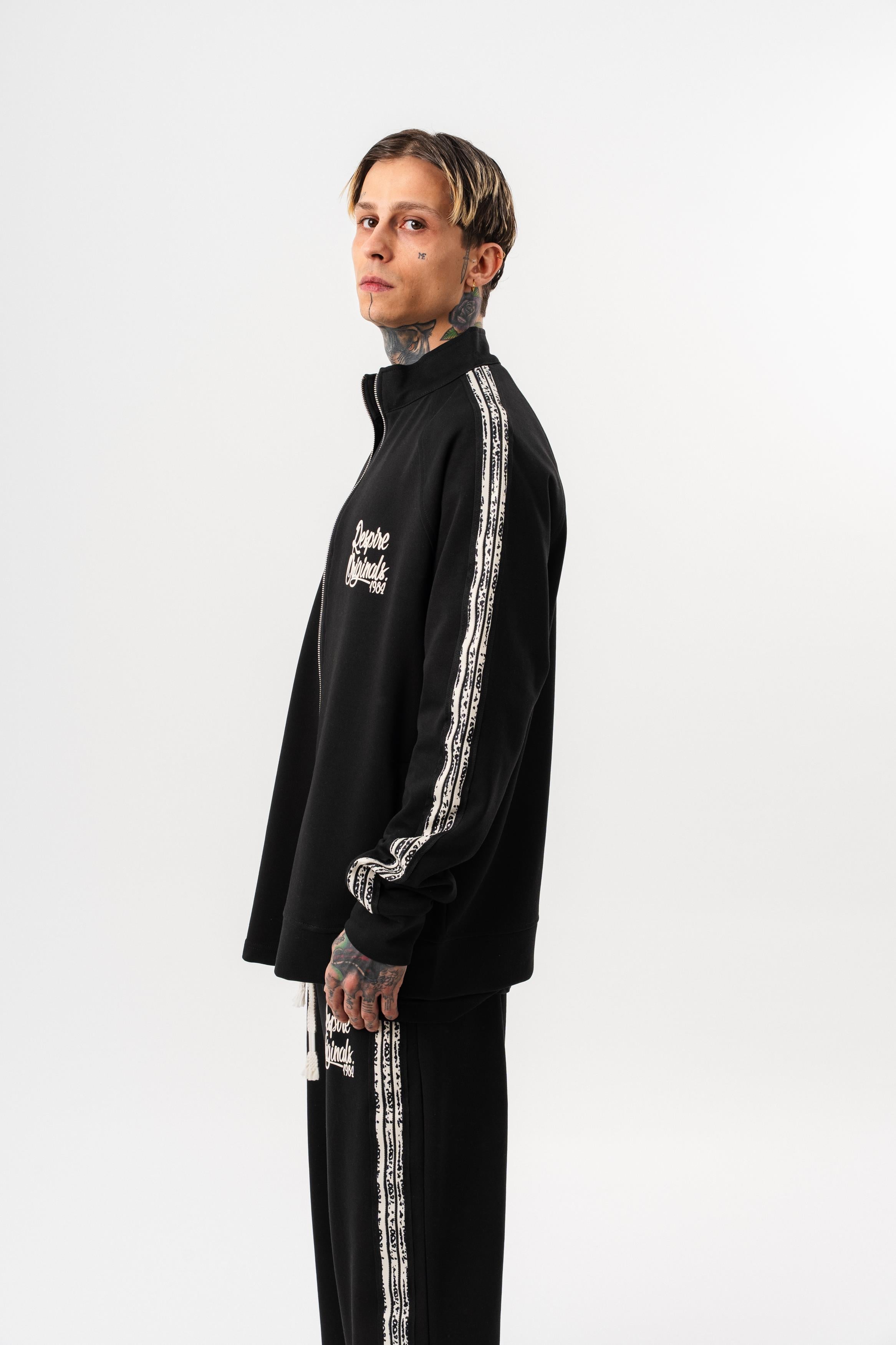 Erkek Splash Şerit Detaylı Dik Yaka Doubleface Zip Oversize Sweatshirt Siyah