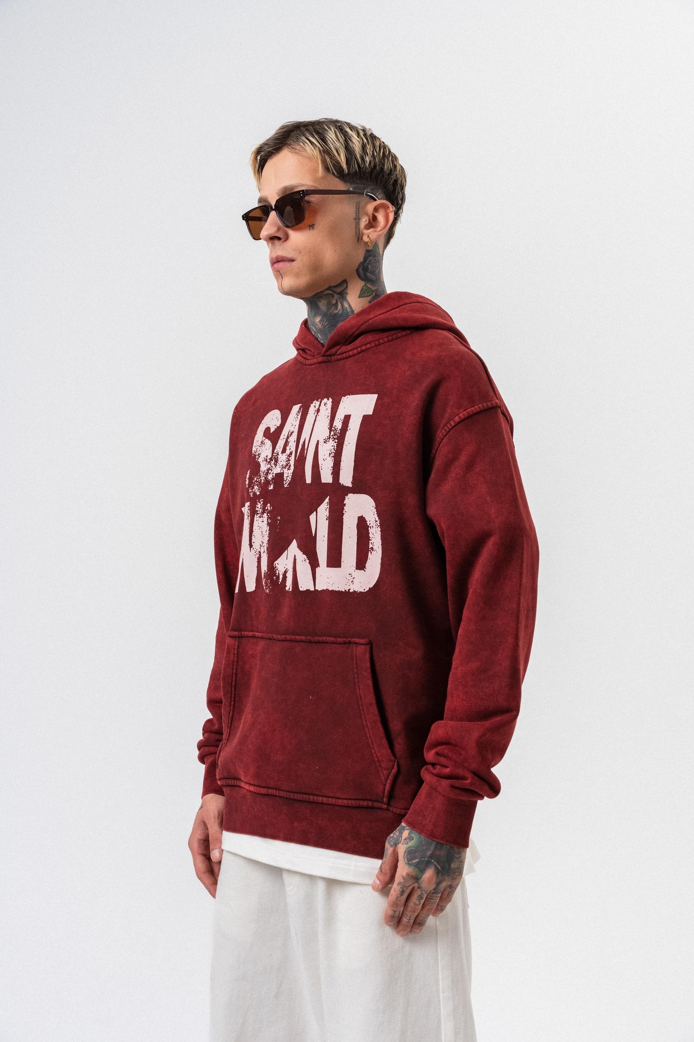 Erkek Star Baskılı Yıkamalı Kapüşonlu Oversize Hoodie Bordo