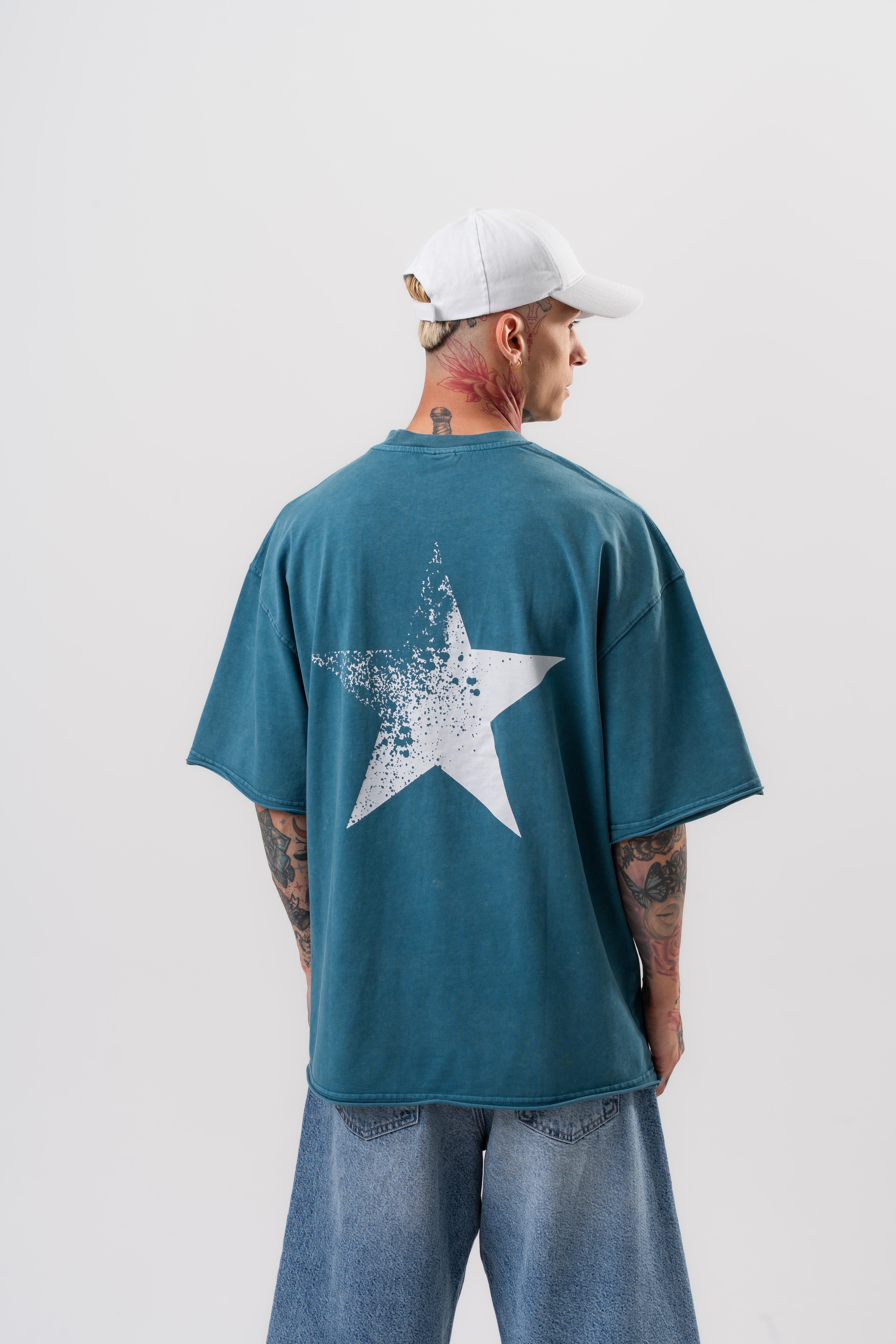Erkek Star Baskılı Yıkamalı Oversize T-Shirt Petrol