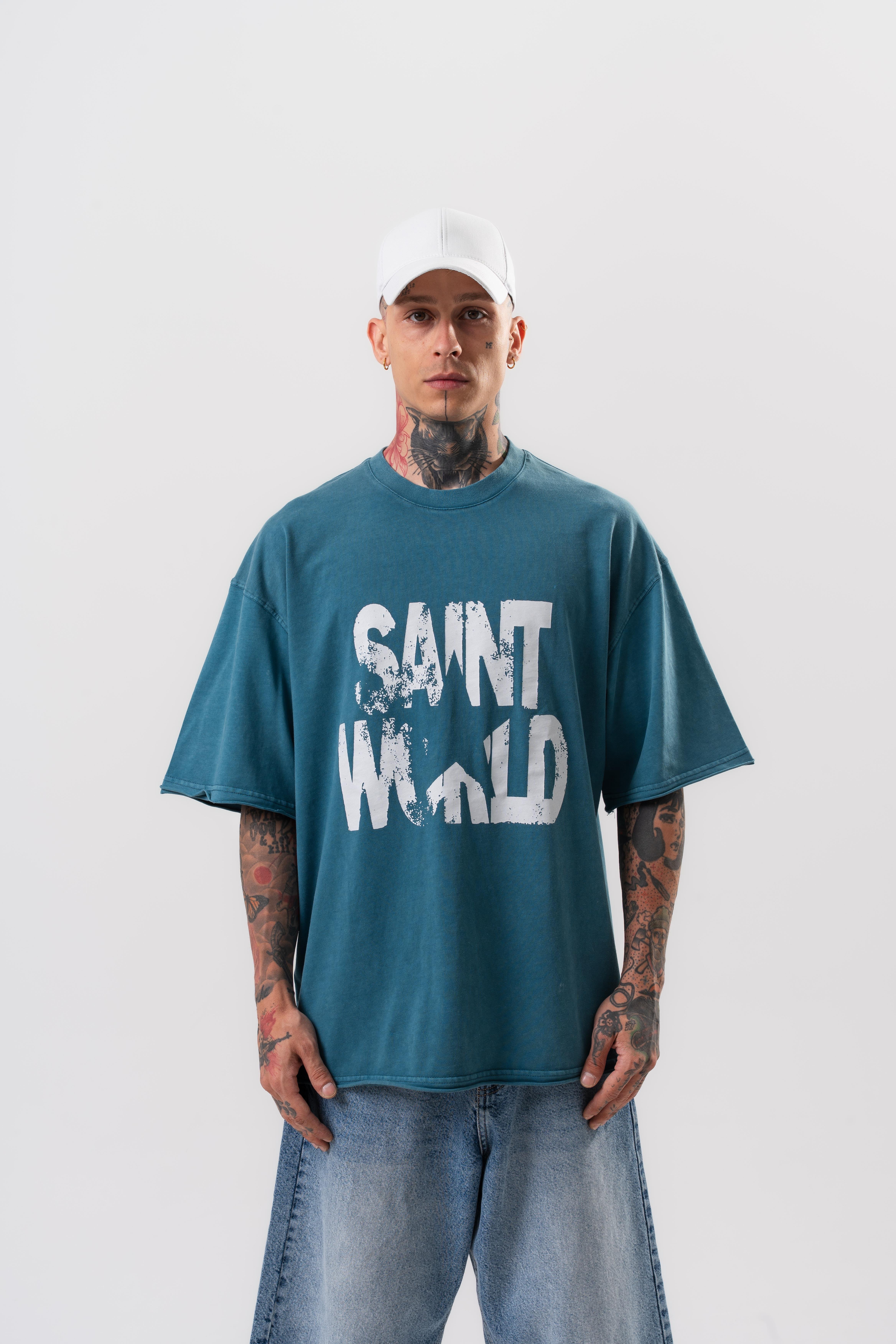 Erkek Star Baskılı Yıkamalı Oversize T-Shirt Petrol
