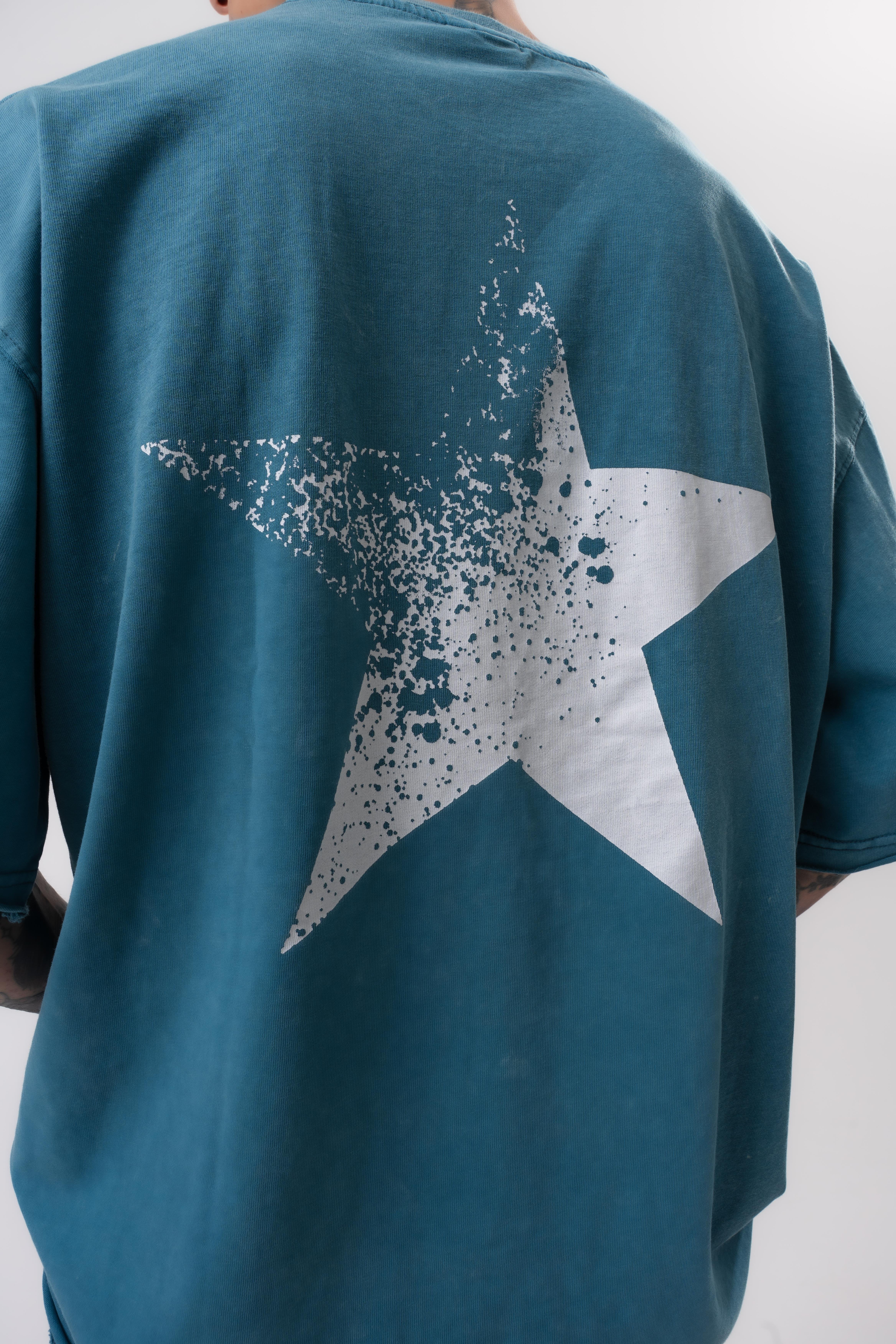 Erkek Star Baskılı Yıkamalı Oversize T-Shirt Petrol