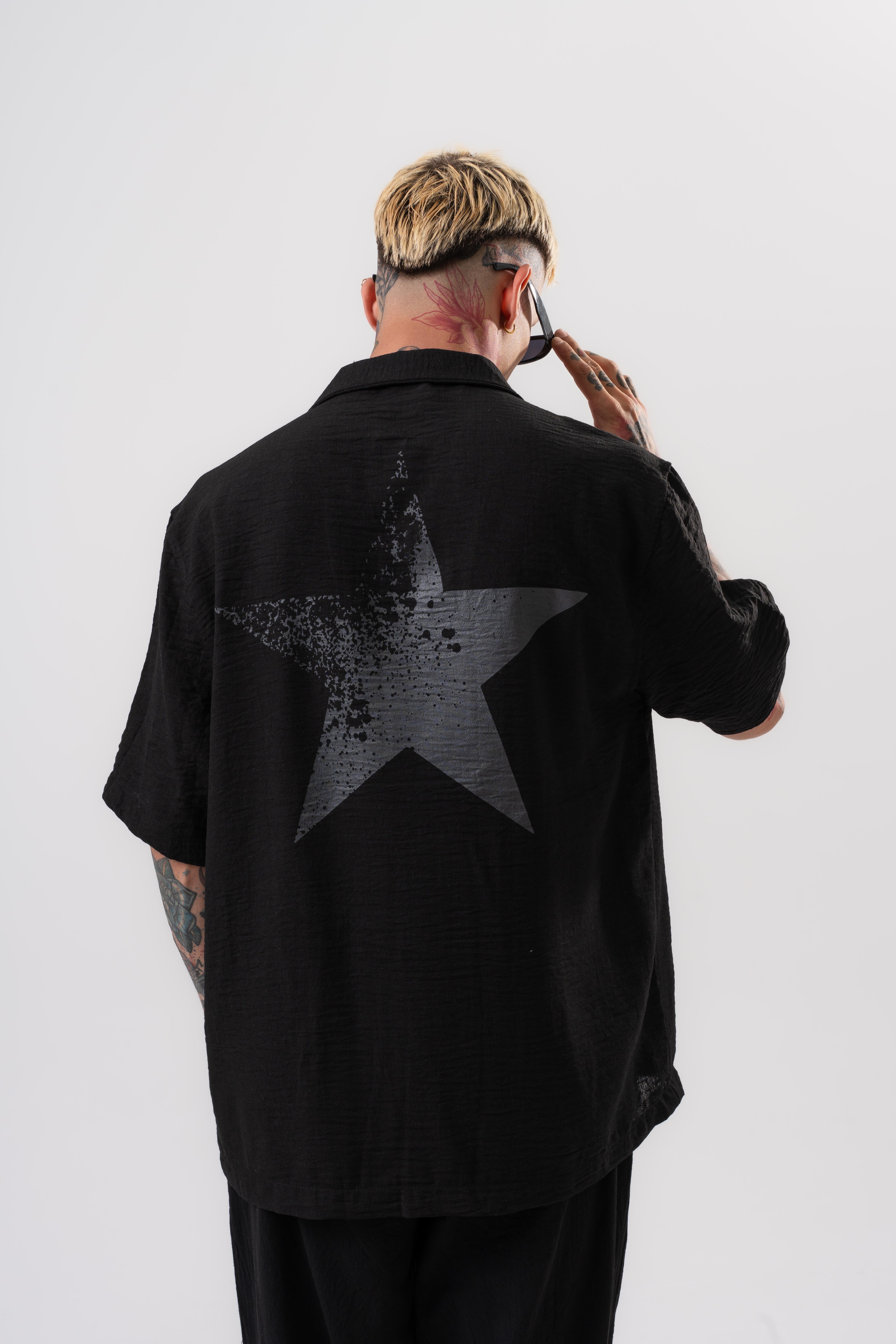 Erkek Star Nakışlı Oversize Gömlek Siyah