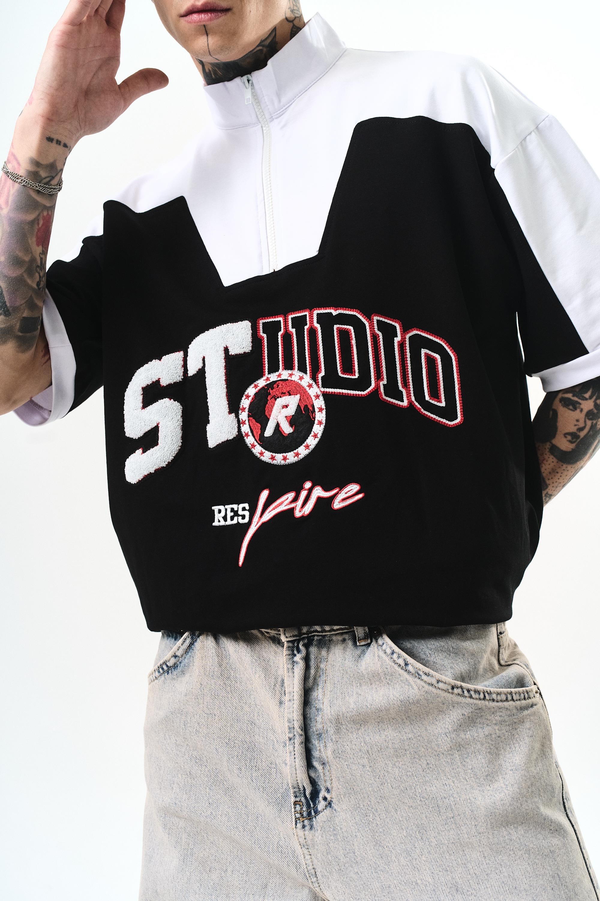 Erkek Studio Nakışlı Yarım Fermuarlı Oversize T-Shirt Siyah