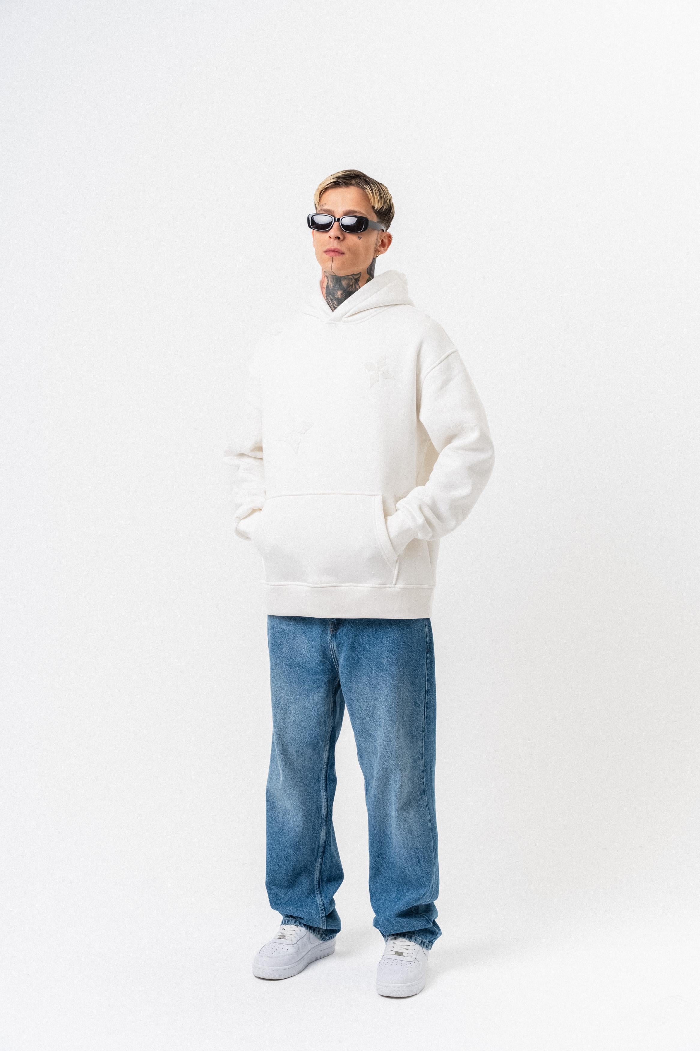 Erkek Süzene Nakış Detaylı Kapüşonlu Oversize Hoodie Ekru