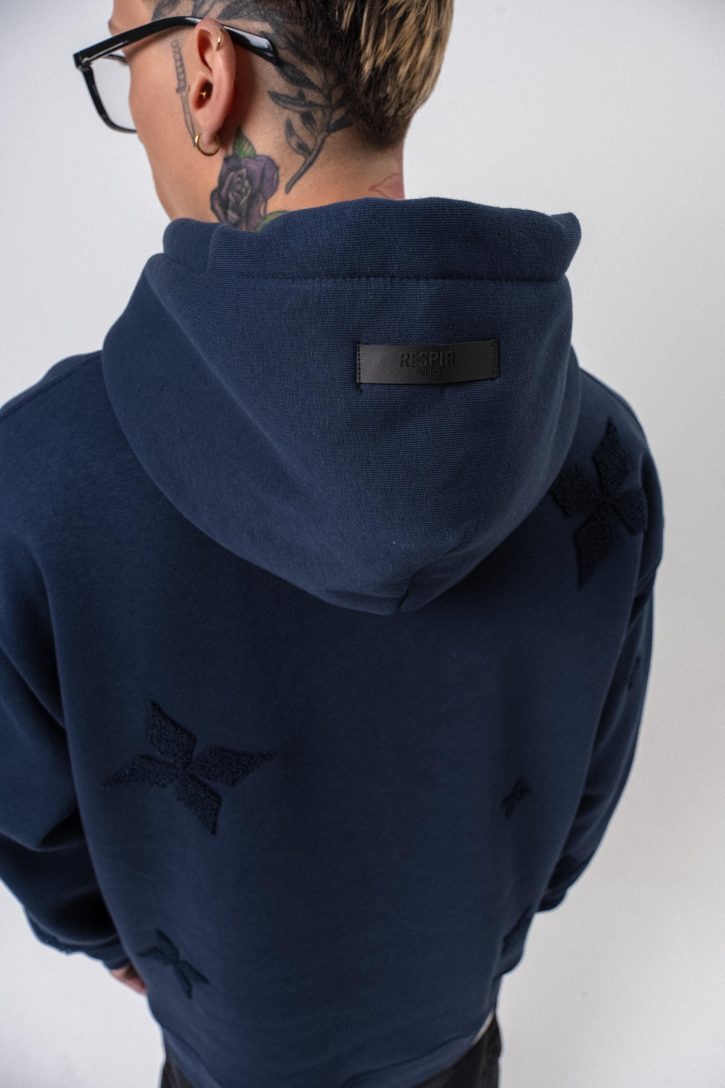 Erkek Süzene Nakış Detaylı Kapüşonlu Oversize Hoodie Lacivert