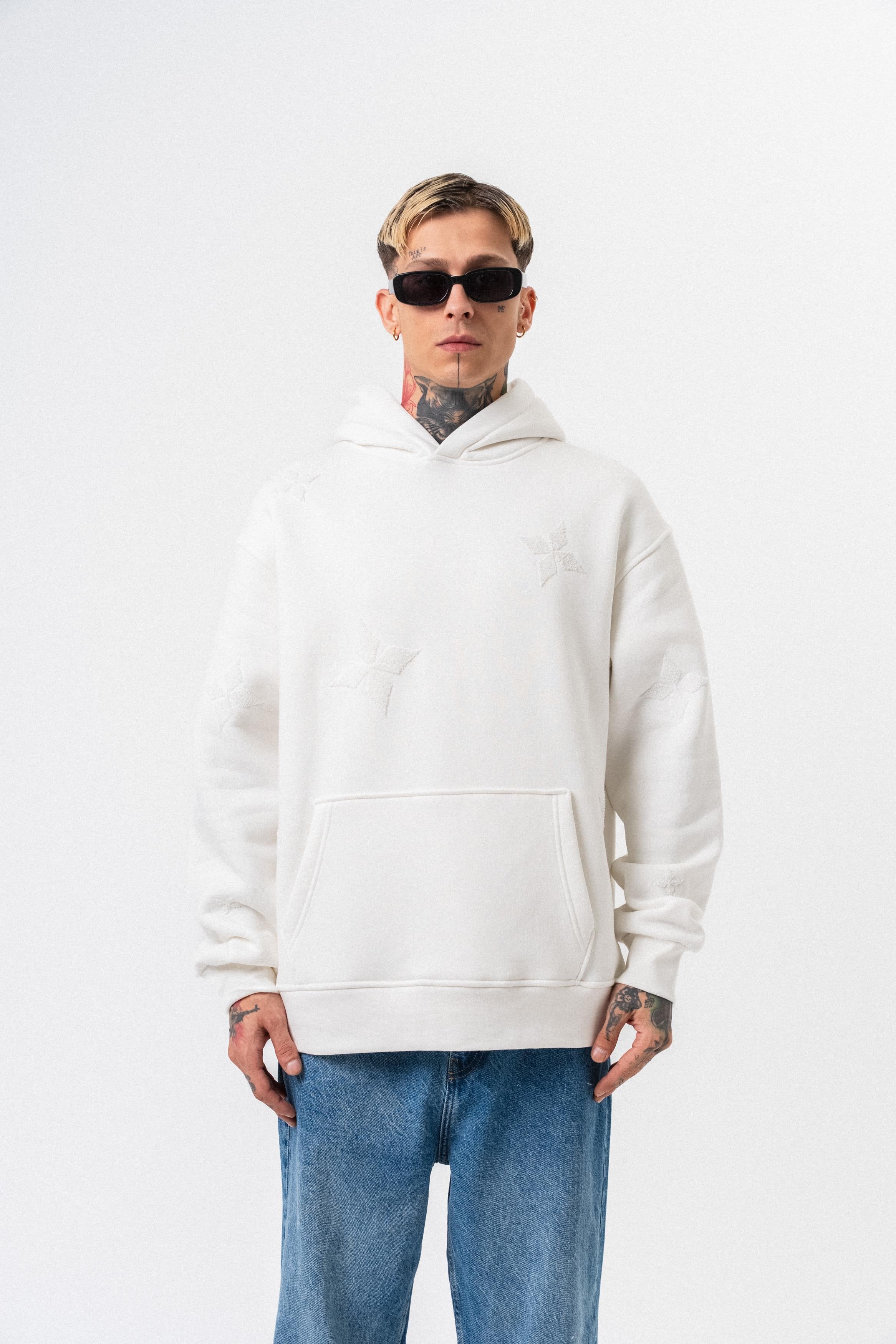 Erkek Süzene Nakış Detaylı Kapüşonlu Oversize Hoodie Ekru