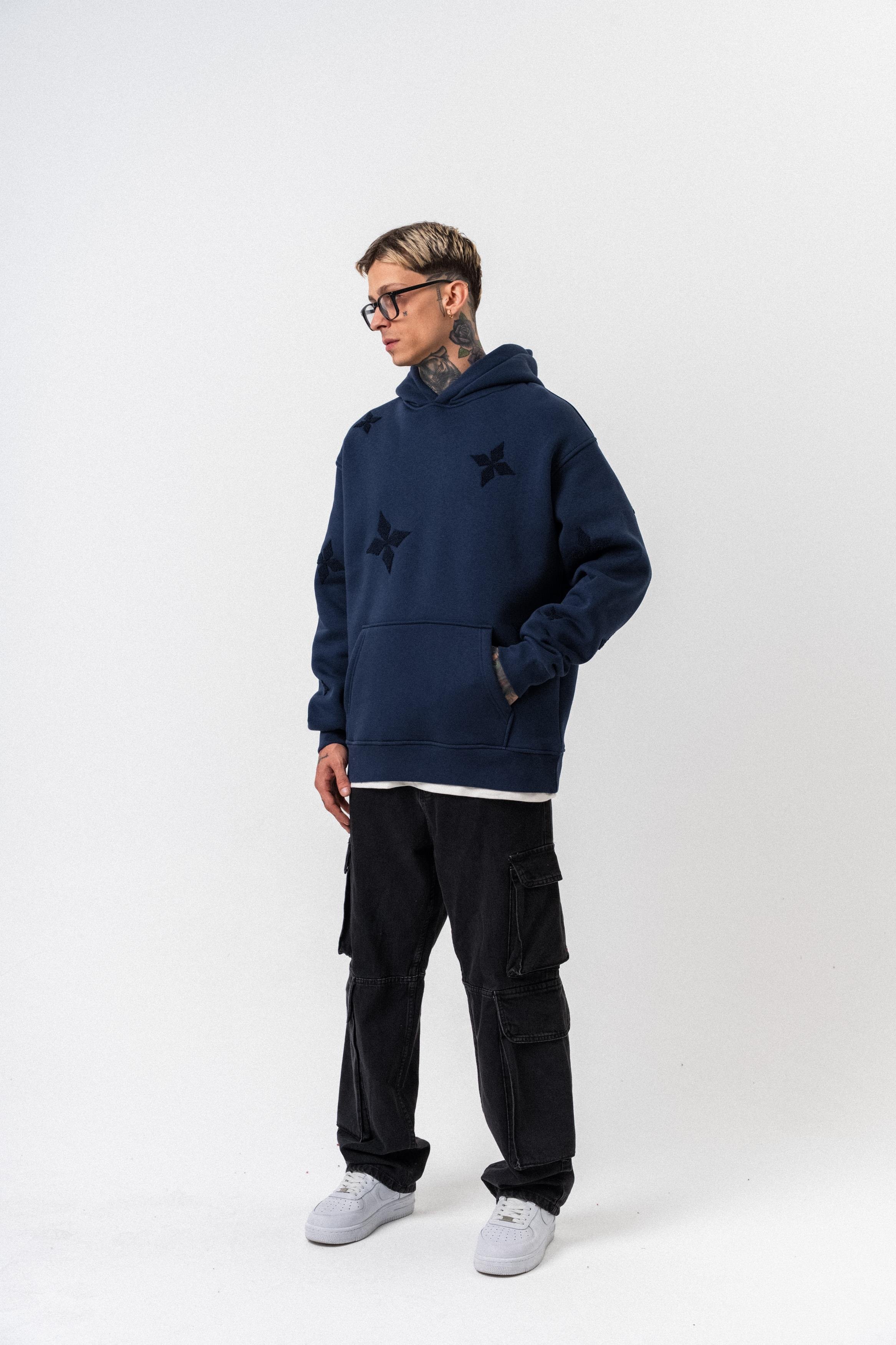 Erkek Süzene Nakış Detaylı Kapüşonlu Oversize Hoodie Lacivert