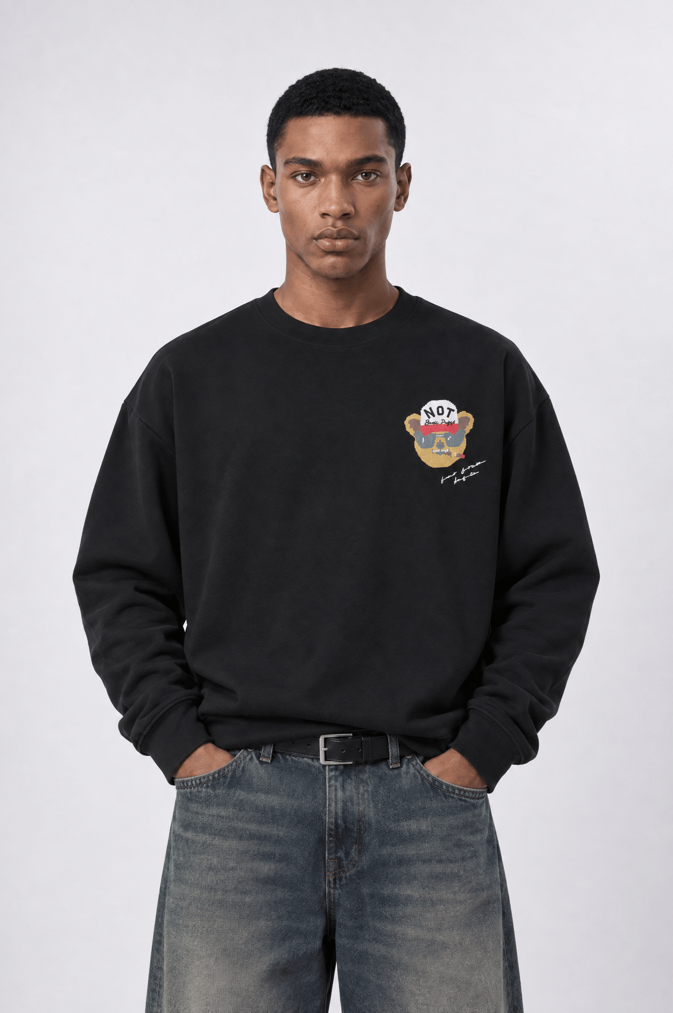 Erkek Teddy Baskılı Oversize Long Sleeve Siyah