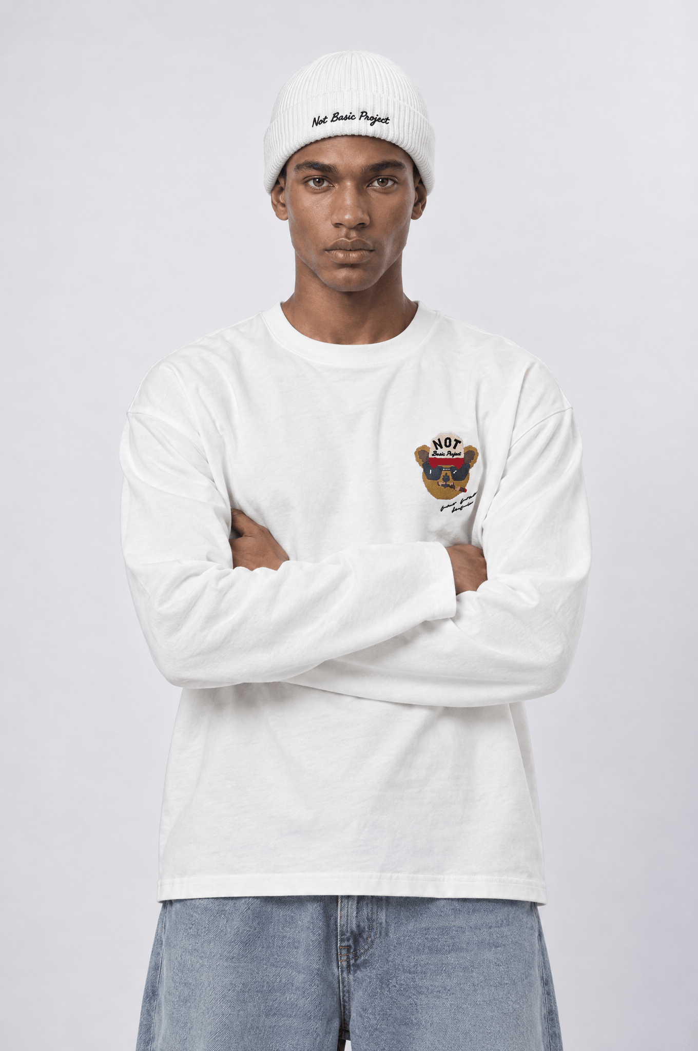 Erkek Teddy Baskılı Oversize Long Sleeve Ekru