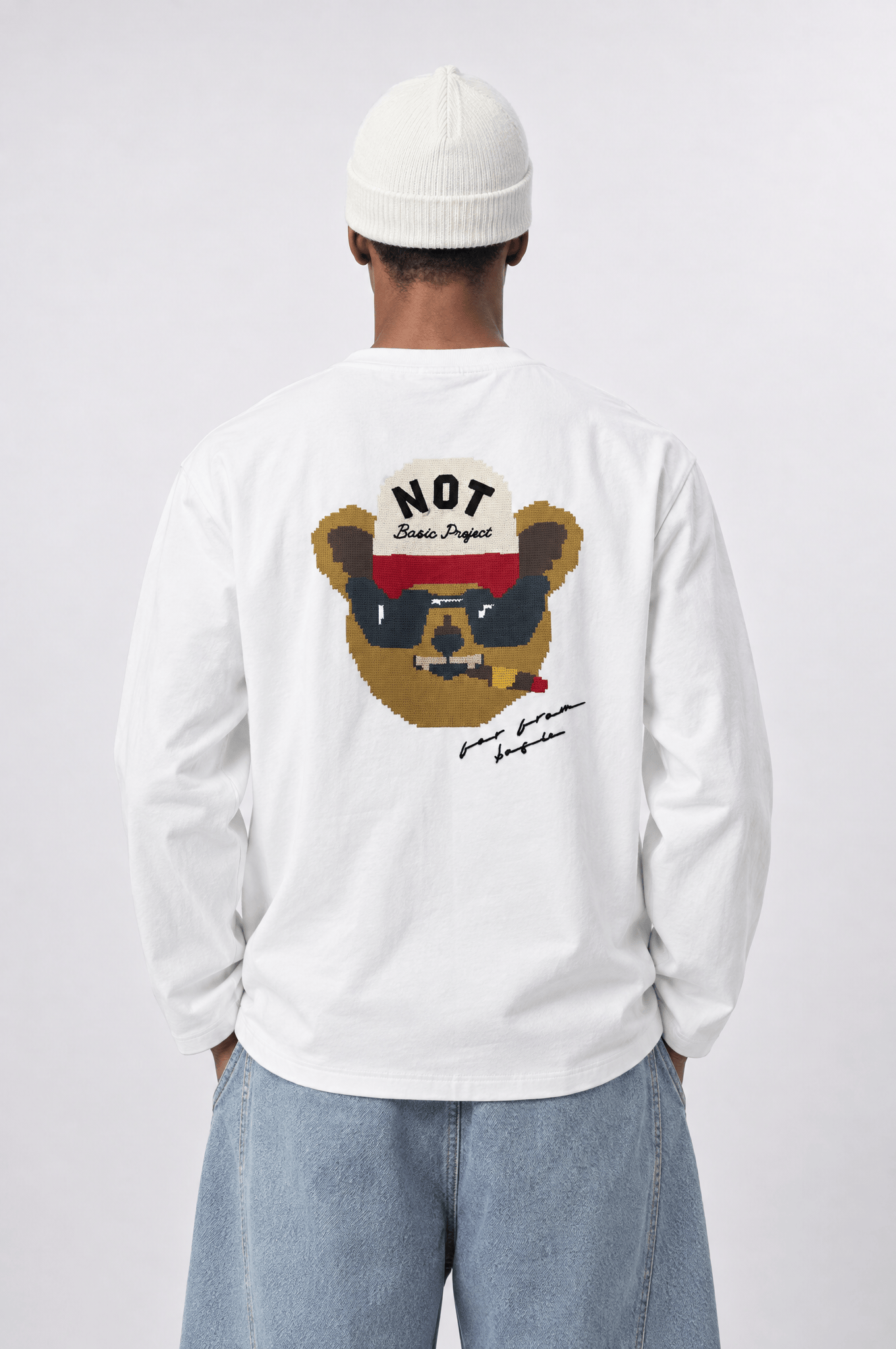 Erkek Teddy Baskılı Oversize Long Sleeve Ekru