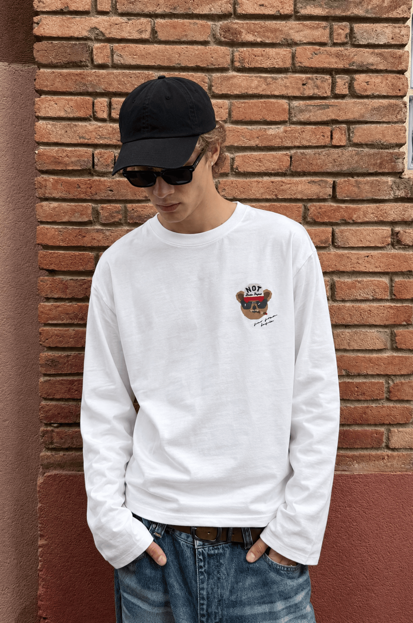 Erkek Teddy Baskılı Oversize Long Sleeve Ekru