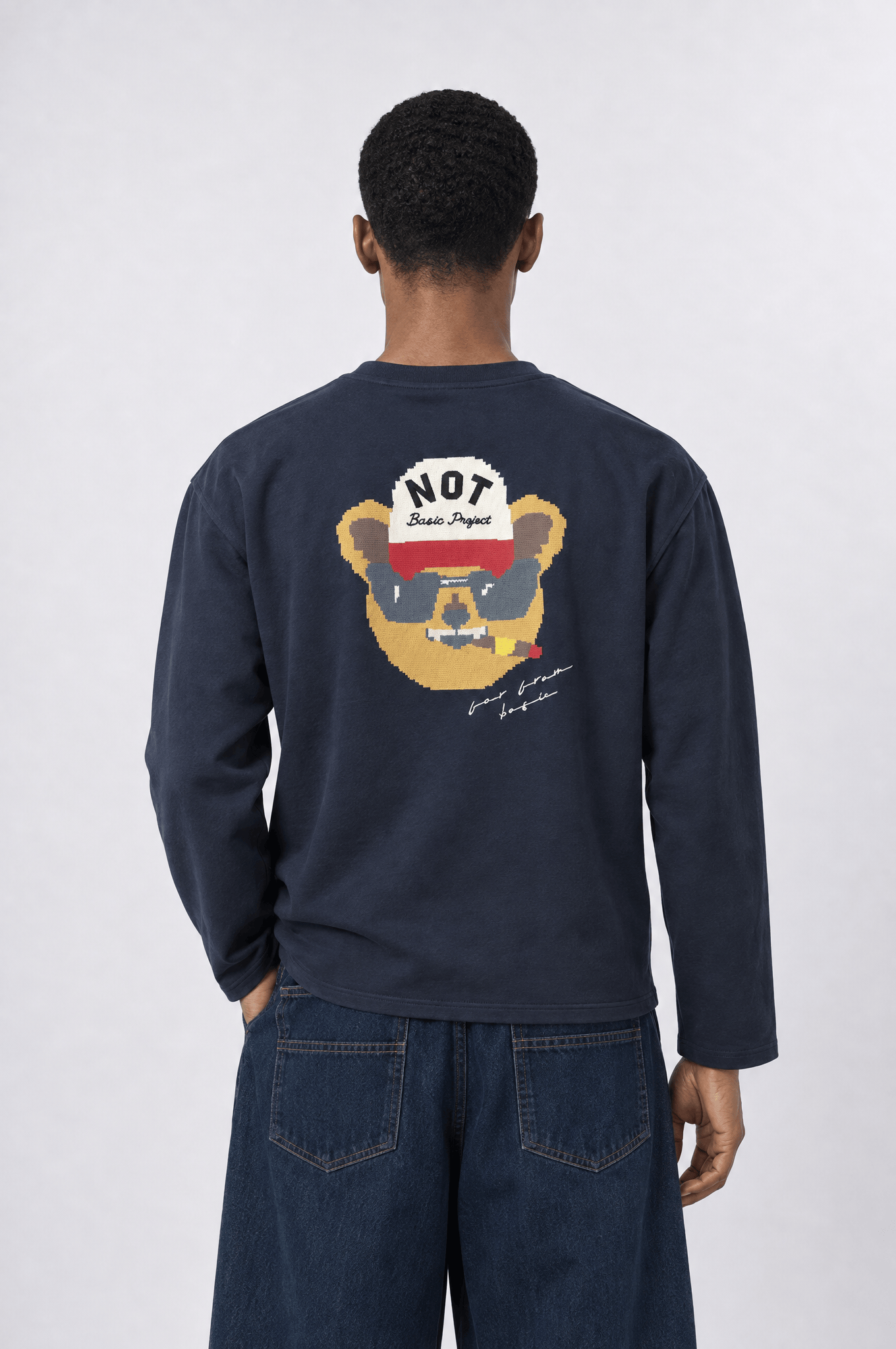 Erkek Teddy Baskılı Oversize Long Sleeve Lacivert