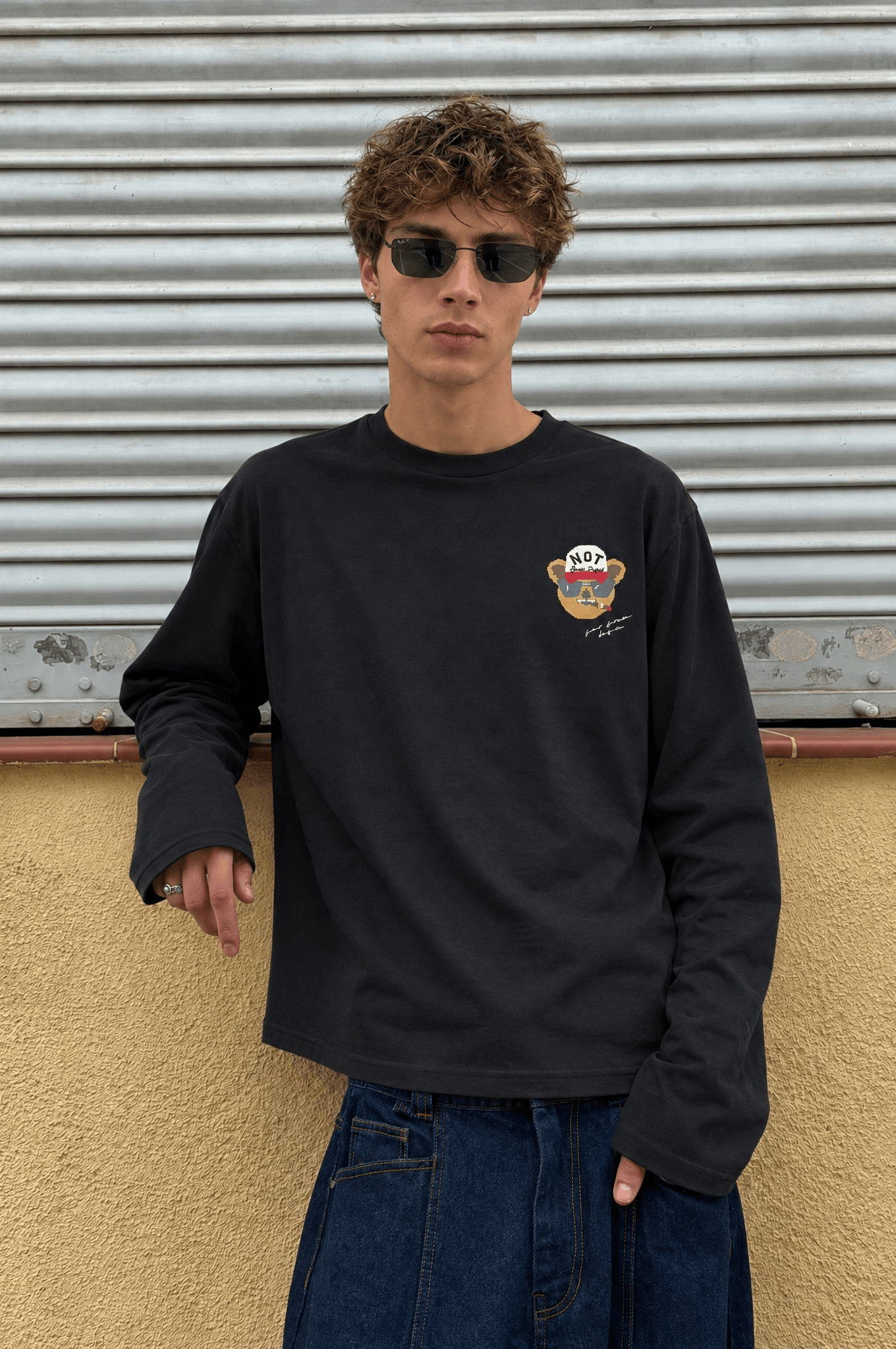 Erkek Teddy Baskılı Oversize Long Sleeve Siyah