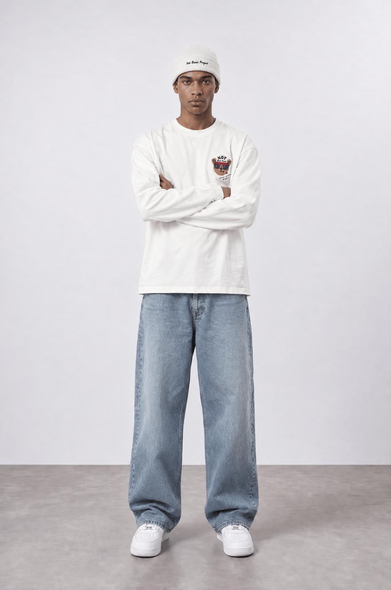 Erkek Teddy Baskılı Oversize Long Sleeve Ekru
