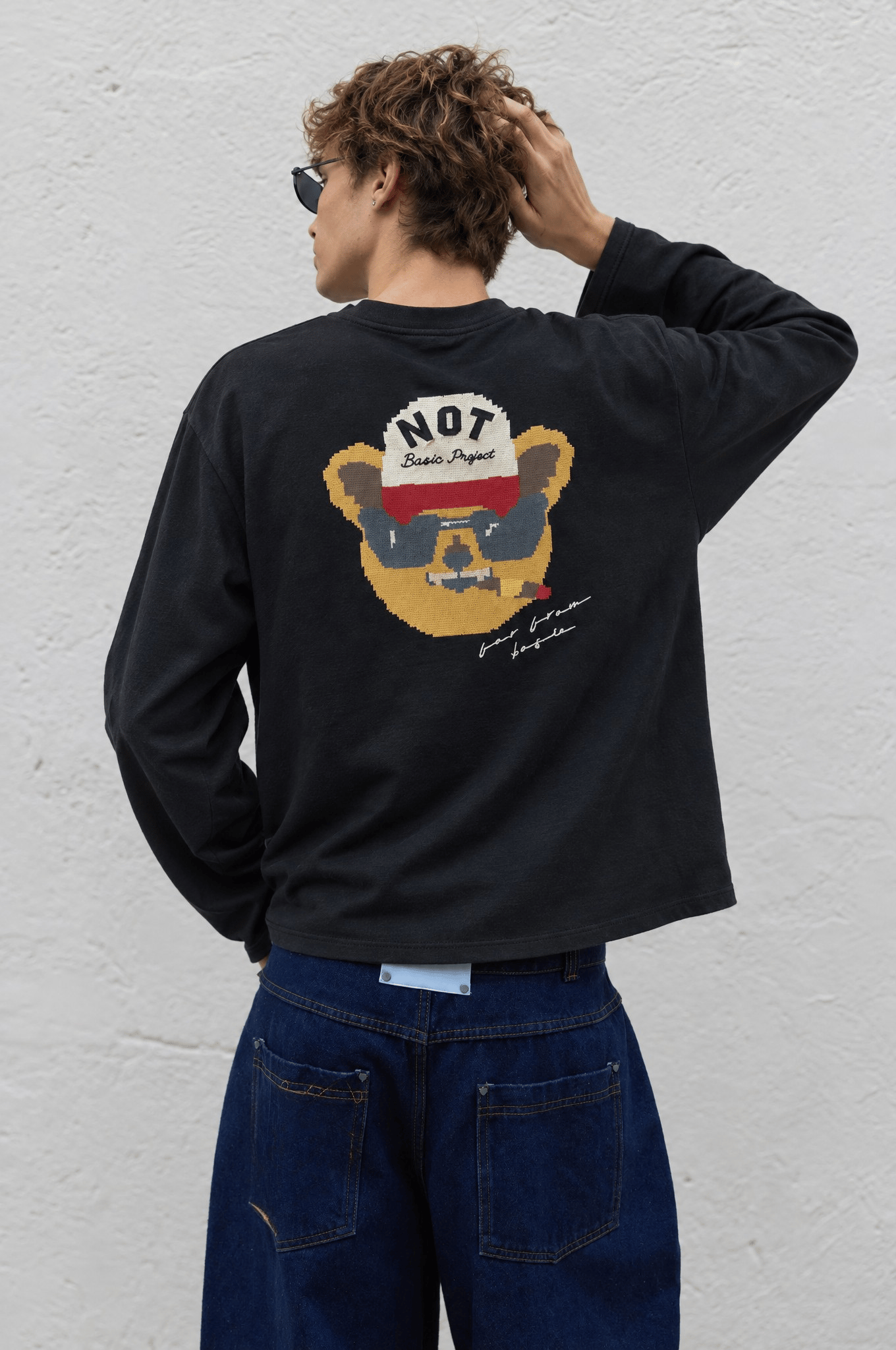 Erkek Teddy Baskılı Oversize Long Sleeve Siyah