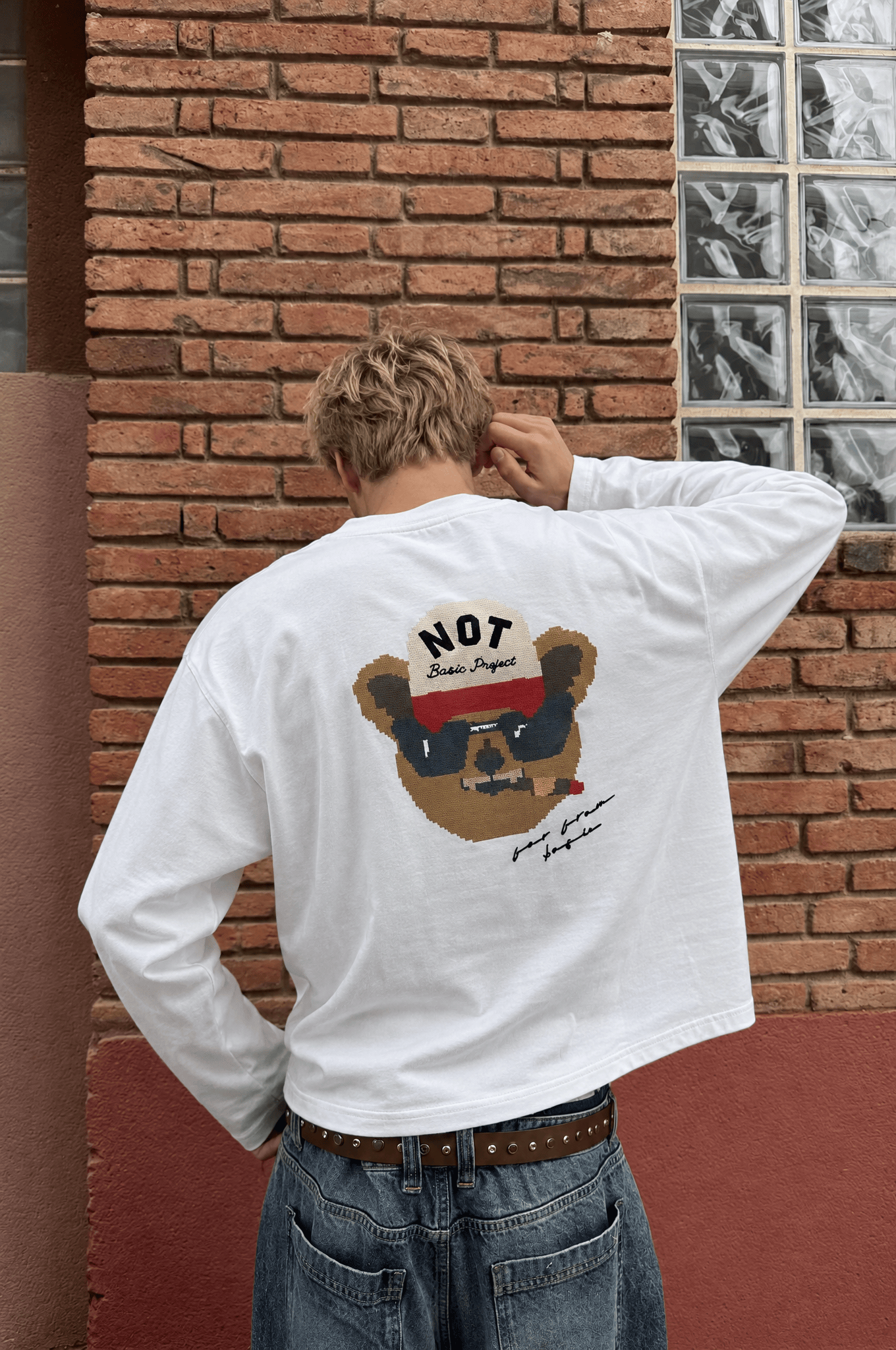 Erkek Teddy Baskılı Oversize Long Sleeve Ekru