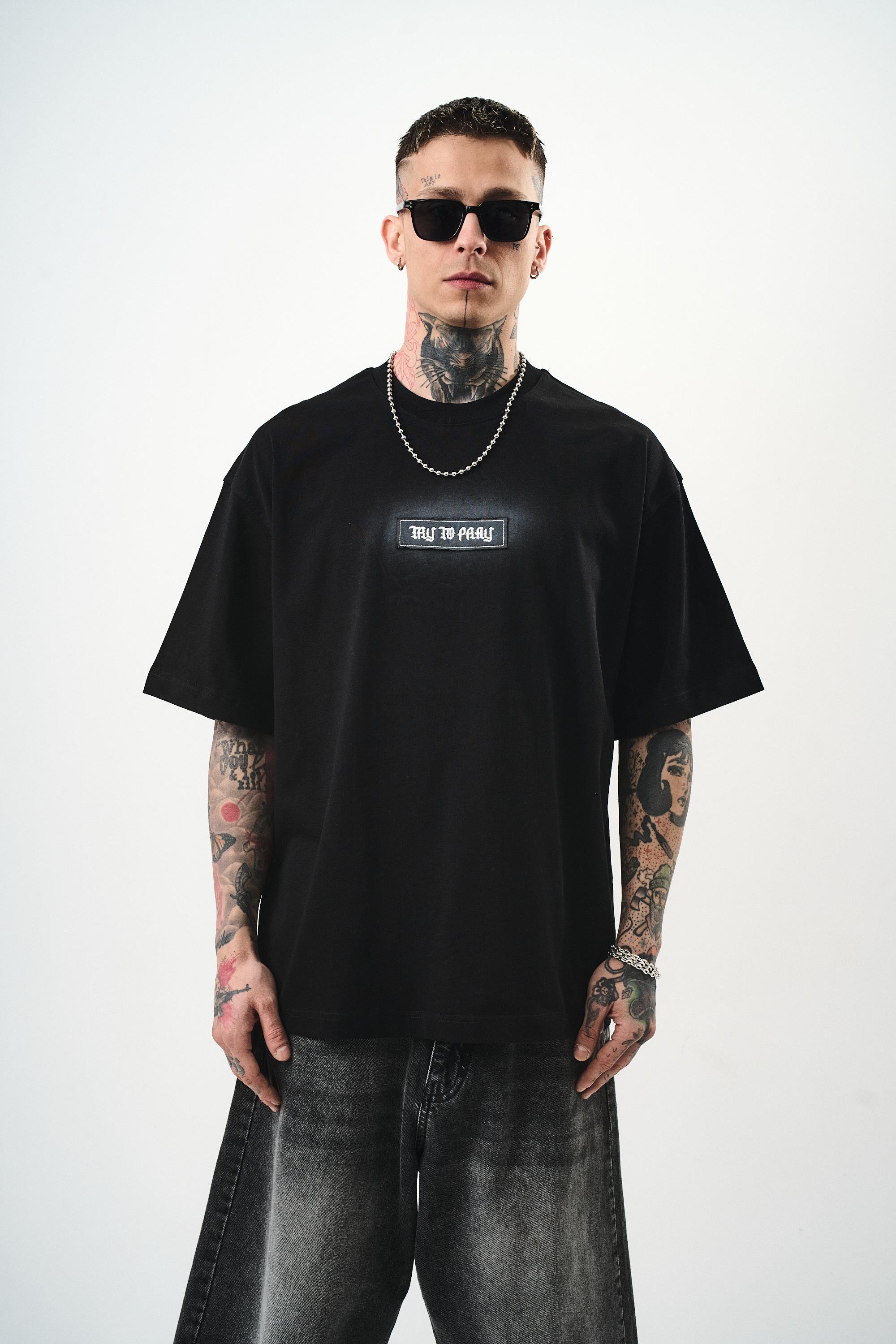 Erkek Try To Pray Nakışlı Oversize T-Shirt Siyah