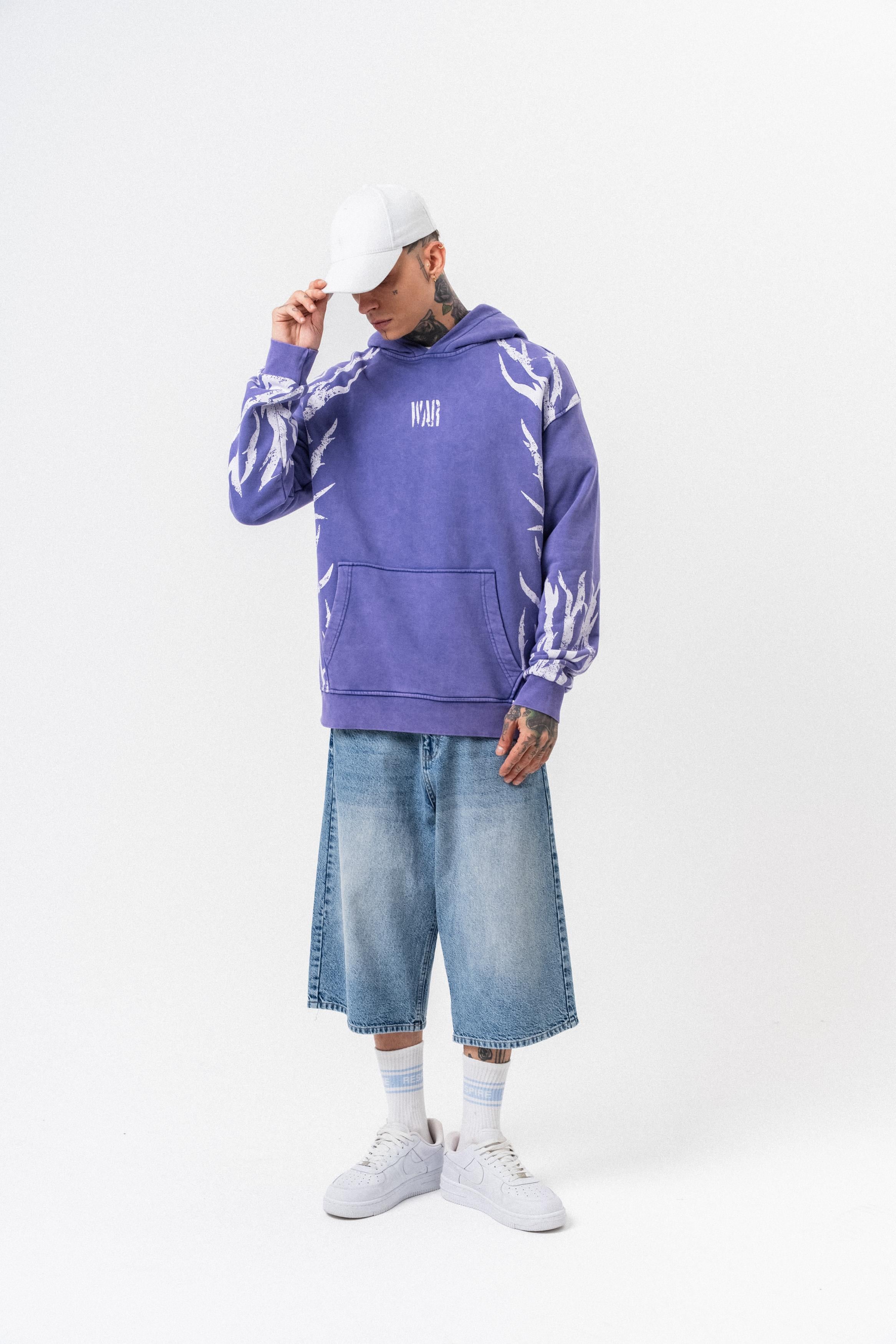 Erkek War Baskılı Yıkamalı Kapüşonlu Oversize Hoodie Mor